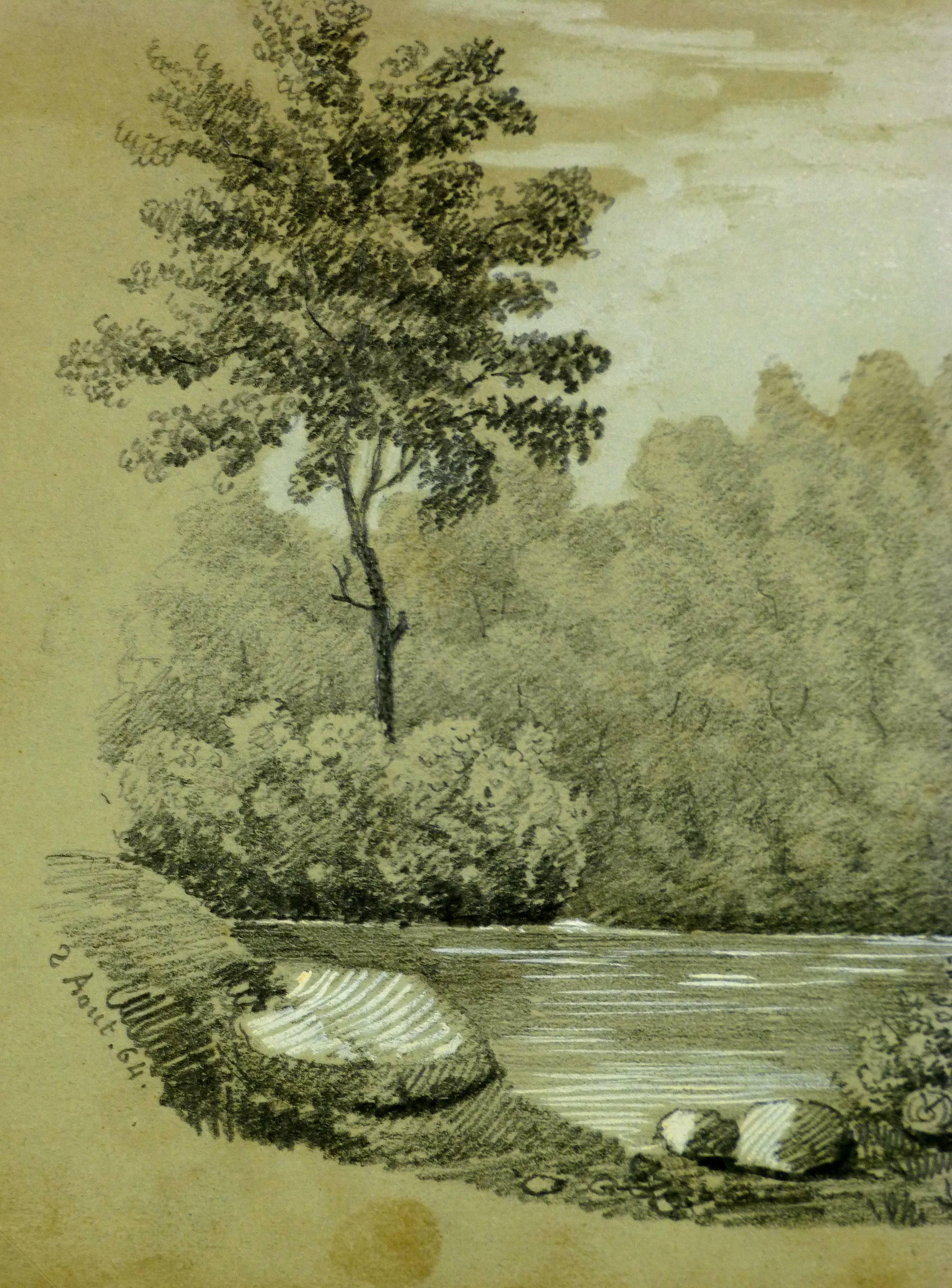Splendido disegno francese del XIX secolo di un edificio sull'acqua, intitolato 