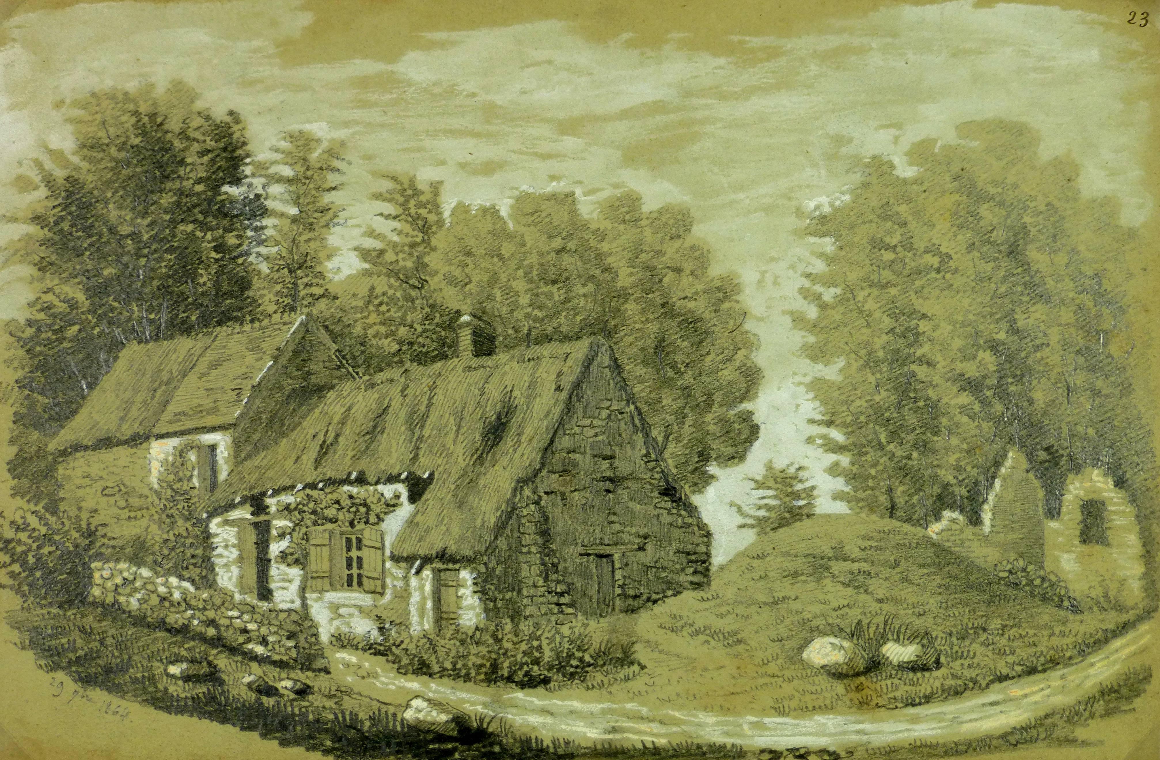 Unknown Landscape Art - French Drawing of a Thatched Cottage