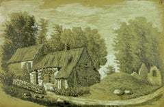 Disegno francese di un cottage con tetto di paglia