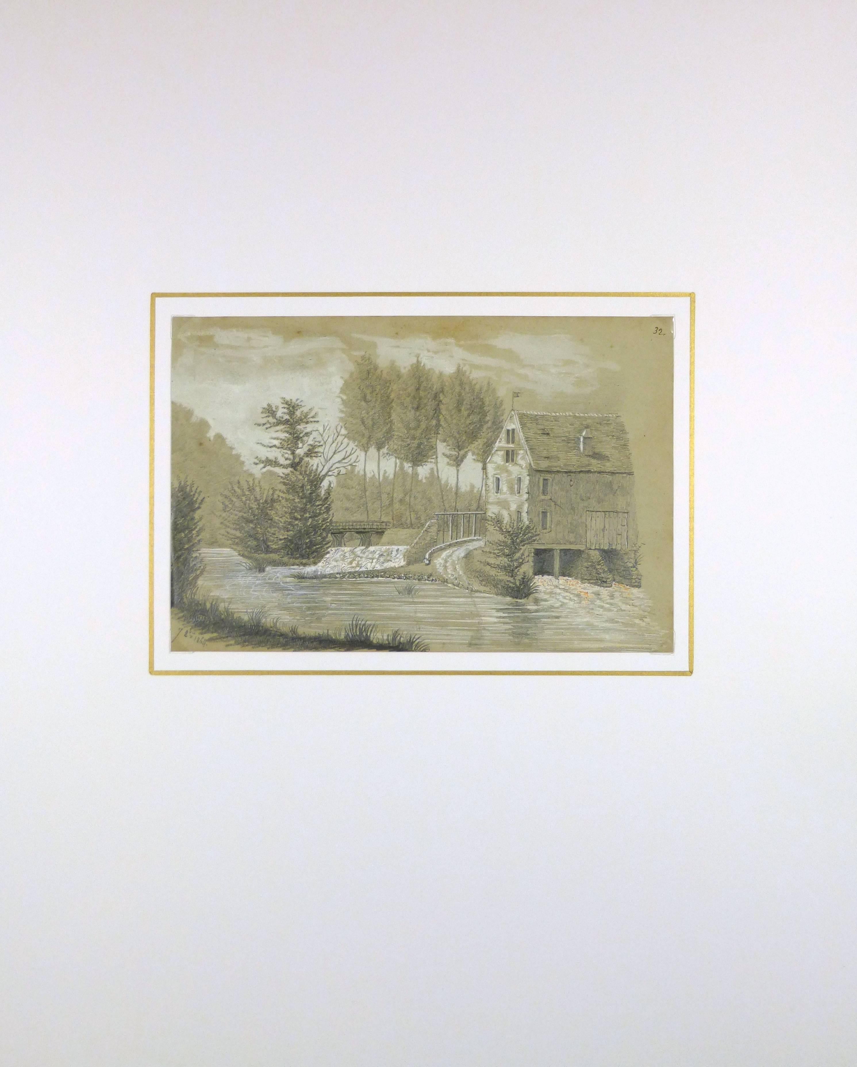 Elegantly detailed 19th century French drawing titled 