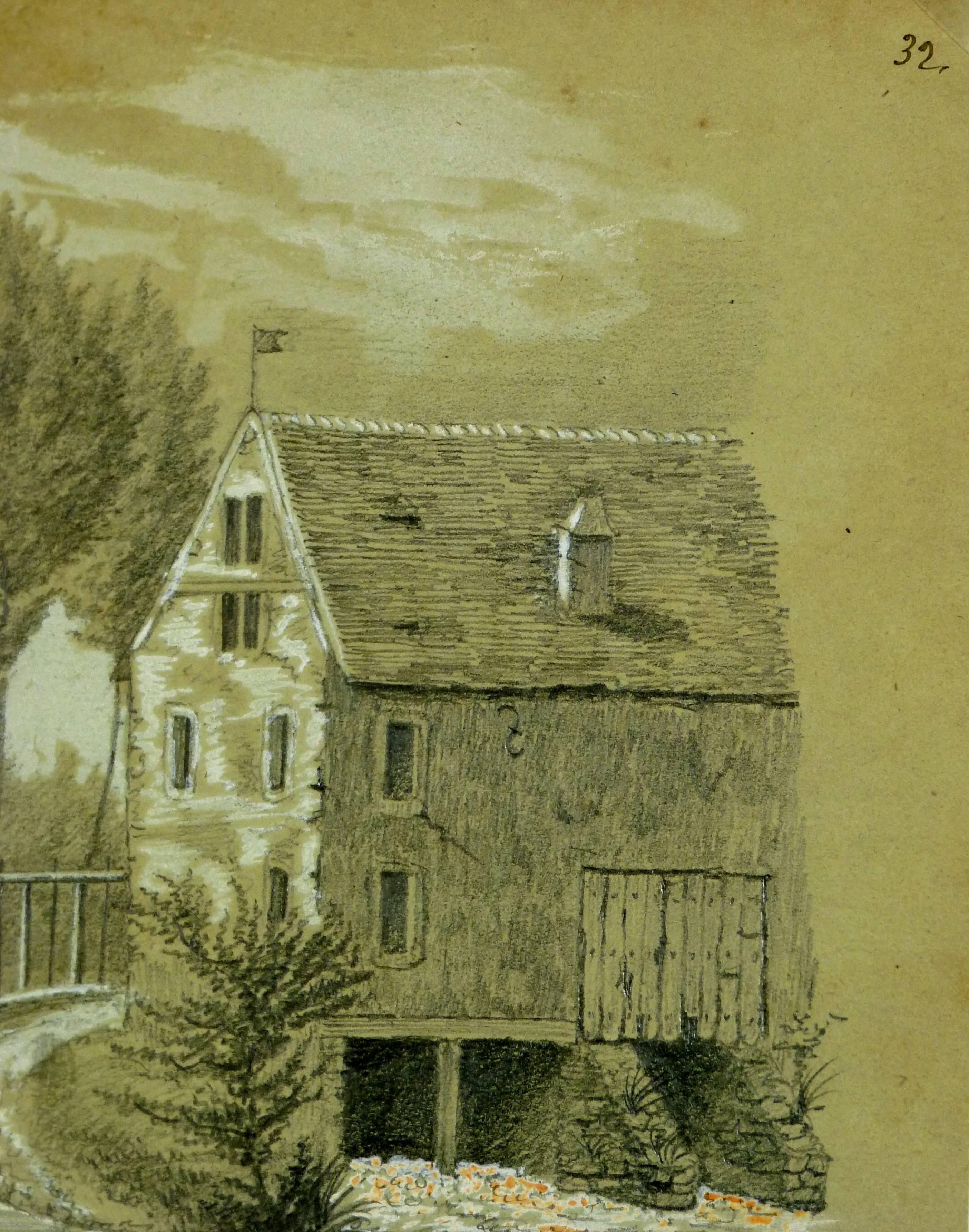 Drawing of French house on River - Art by Unknown