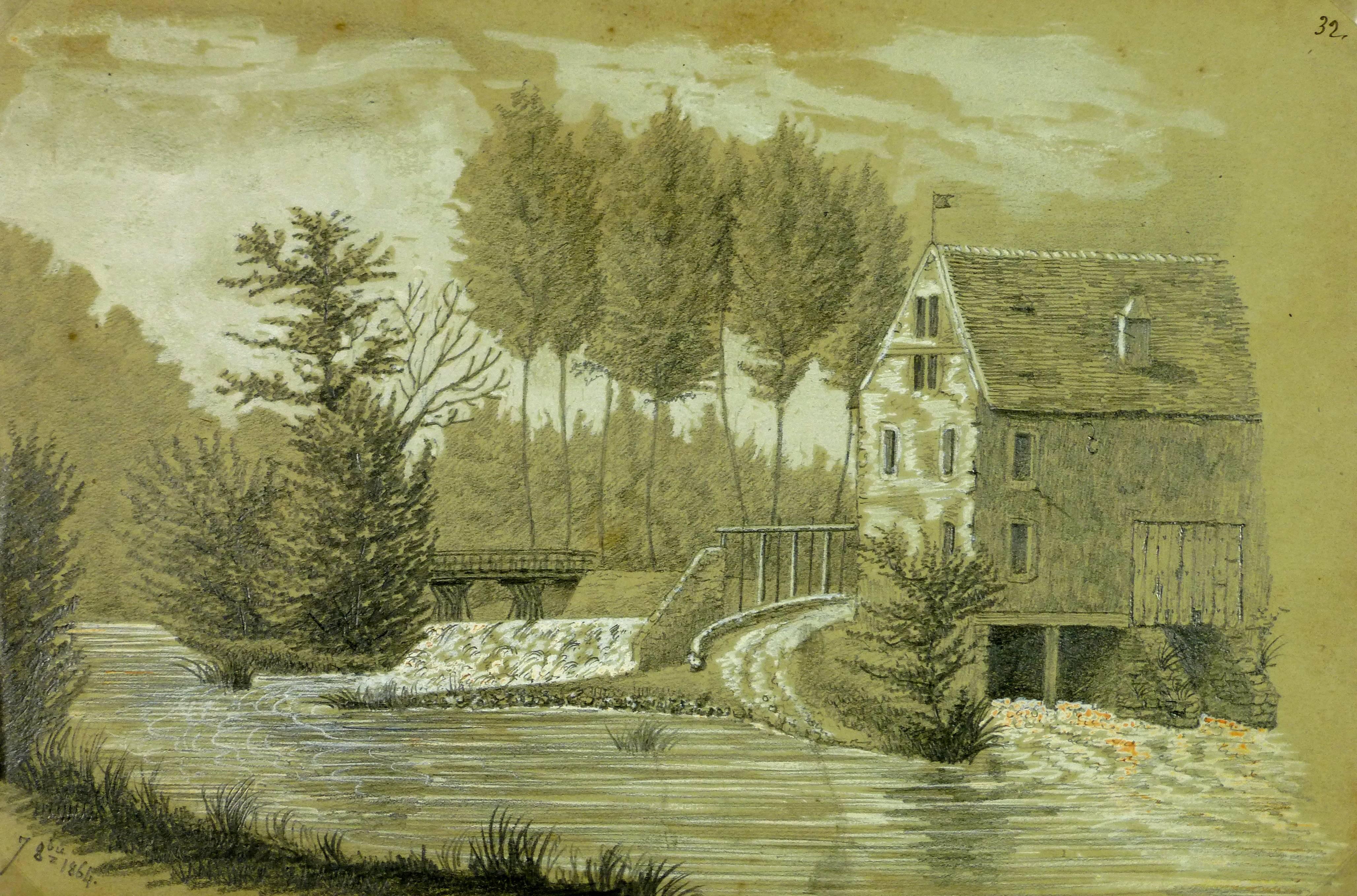 Unknown Landscape Art - Drawing of French house on River