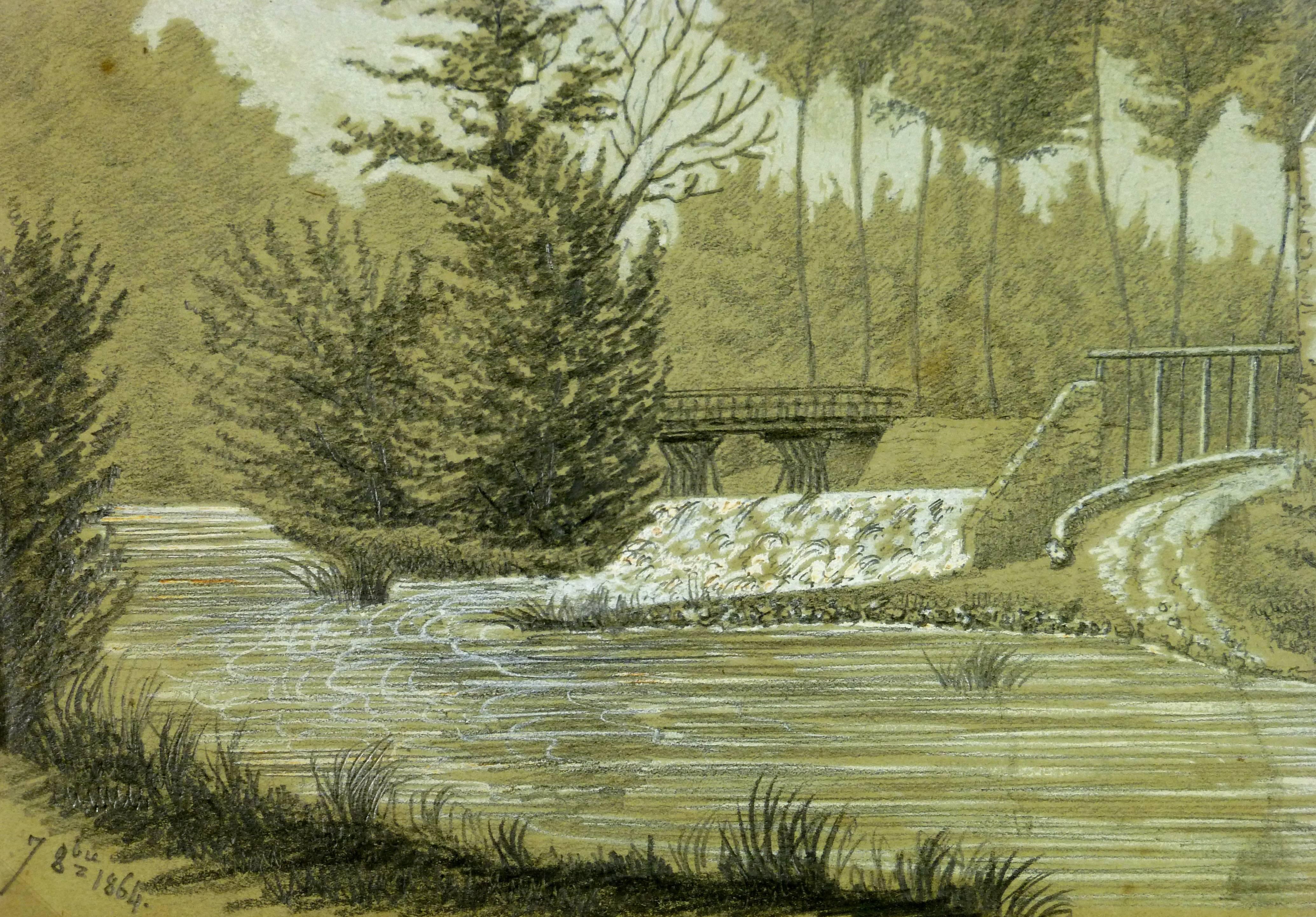Drawing of French house on River - Brown Landscape Art by Unknown