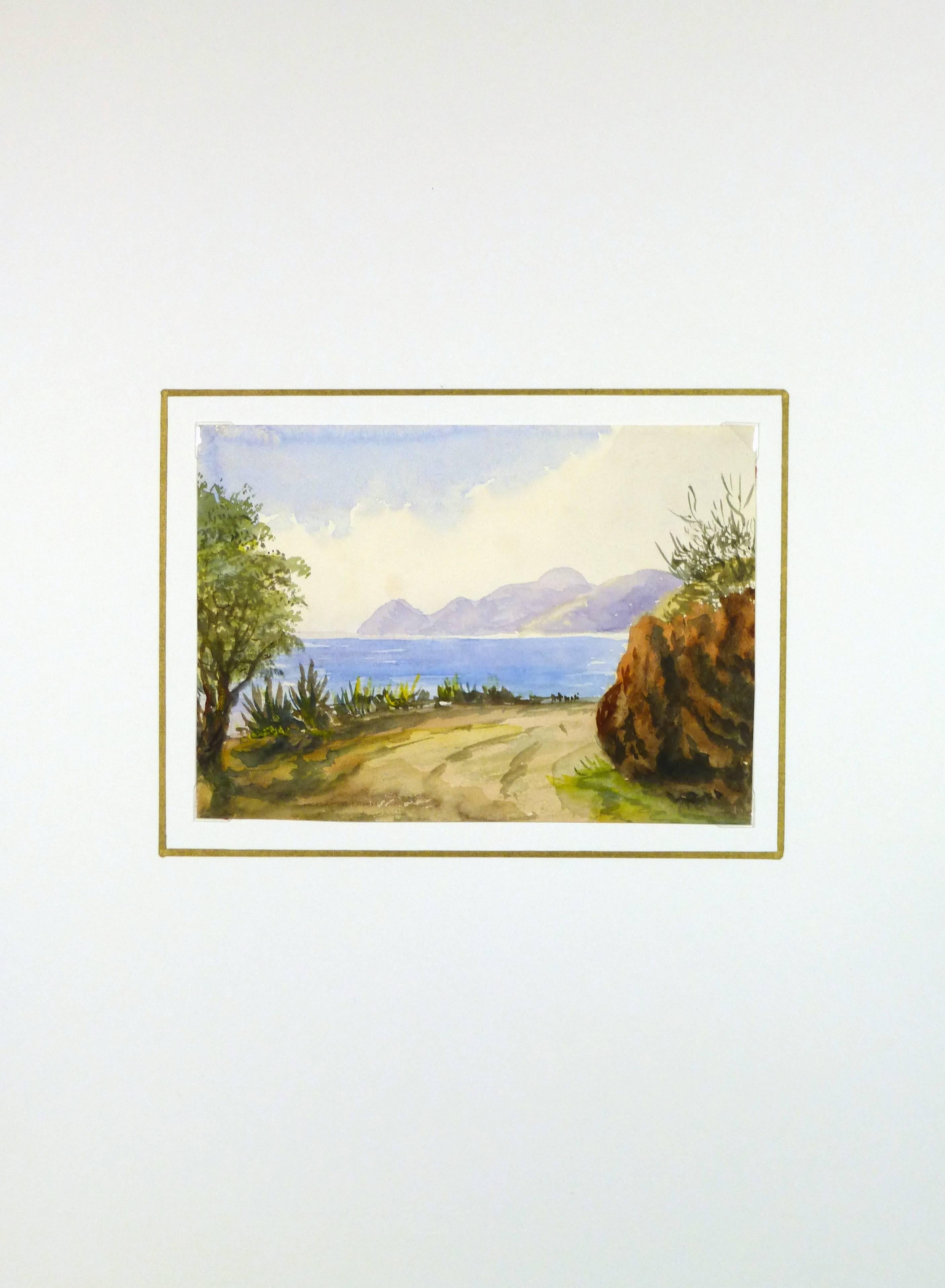 Pleasing watercolor path and water of the coast of Estérel near Cannes France, by artist JR Dringham, circa 1950.  

Original artwork on paper displayed on a white mat with a gold border. Archival plastic sleeve and Certificate of Authenticity