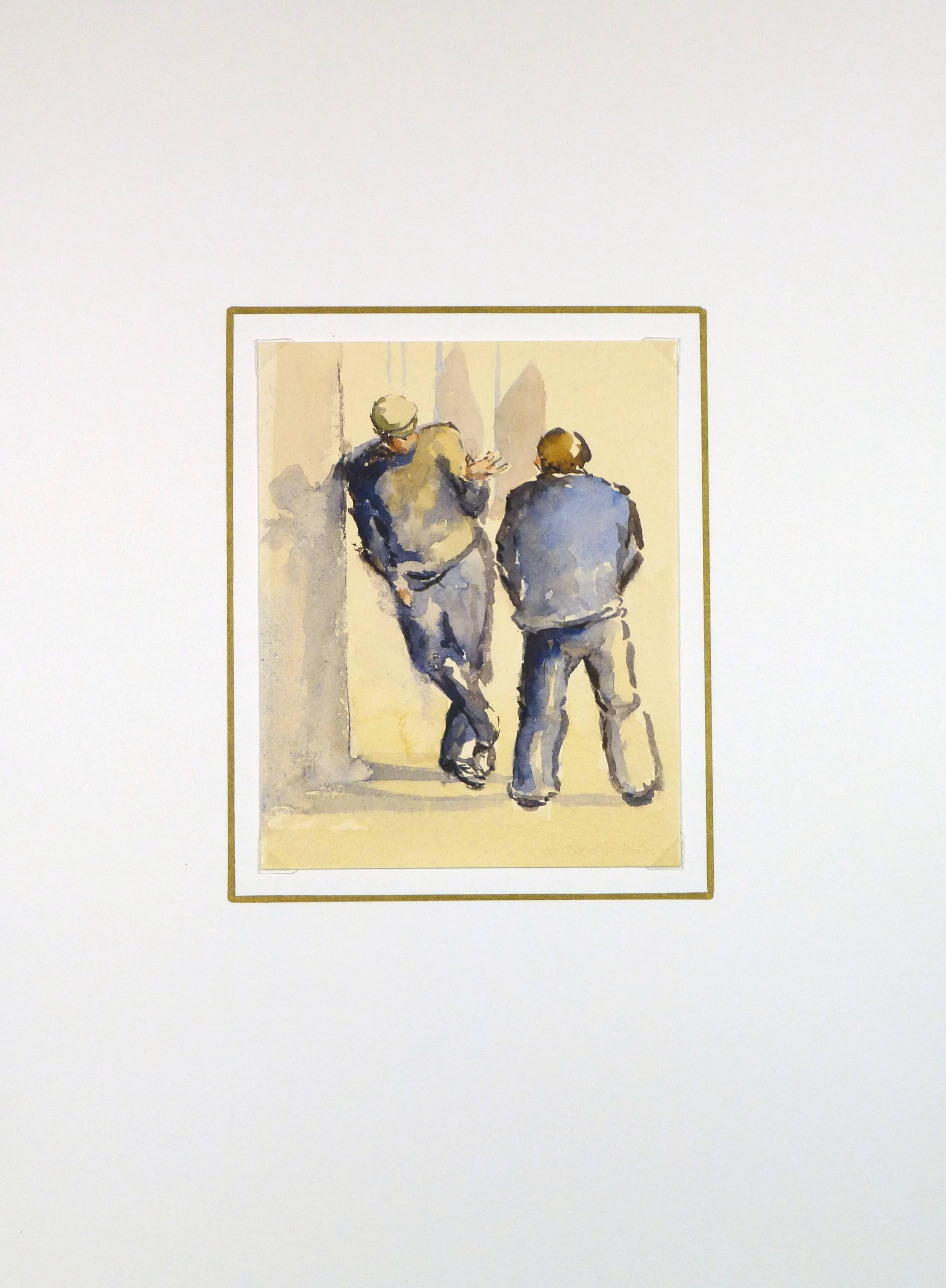 Men in Conversation - Beige Figurative Art by G.C. Buckthorpe