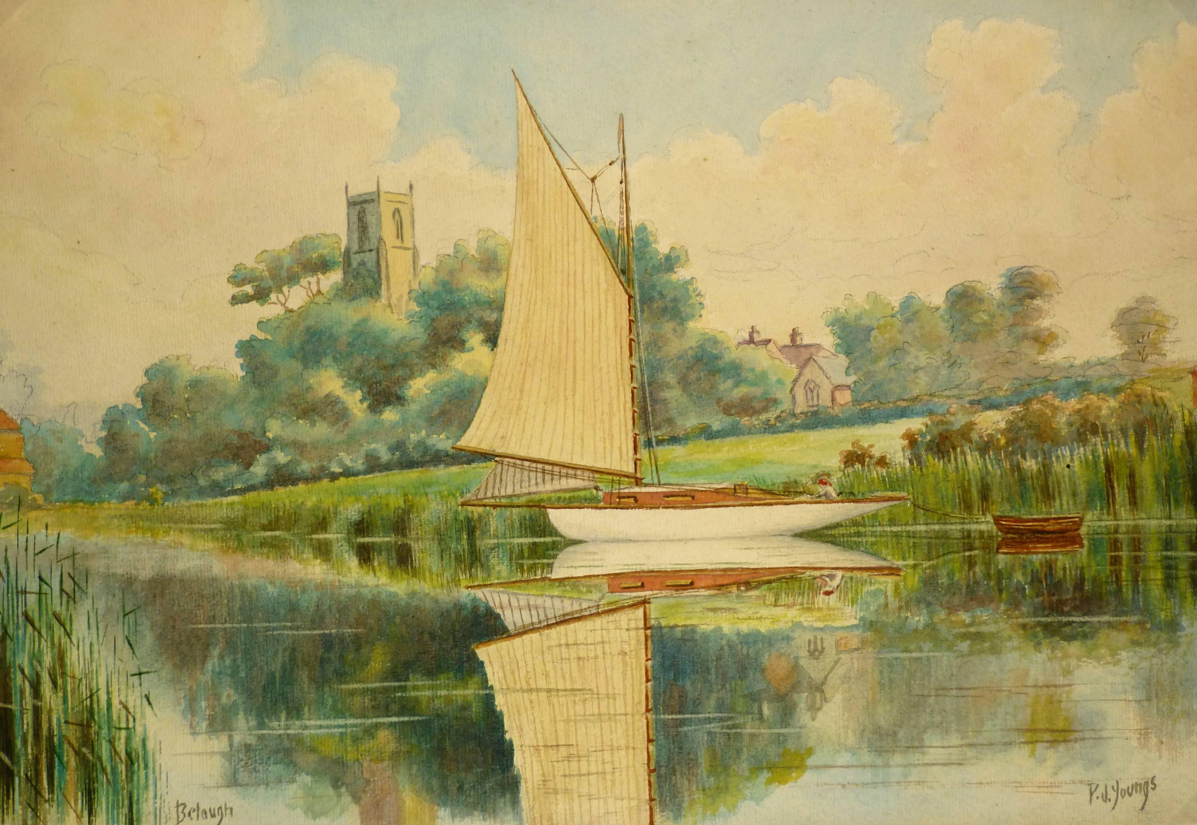 P.J. Youngs Landscape Art - English Watercolor of Sailboat on Norfolk Broads