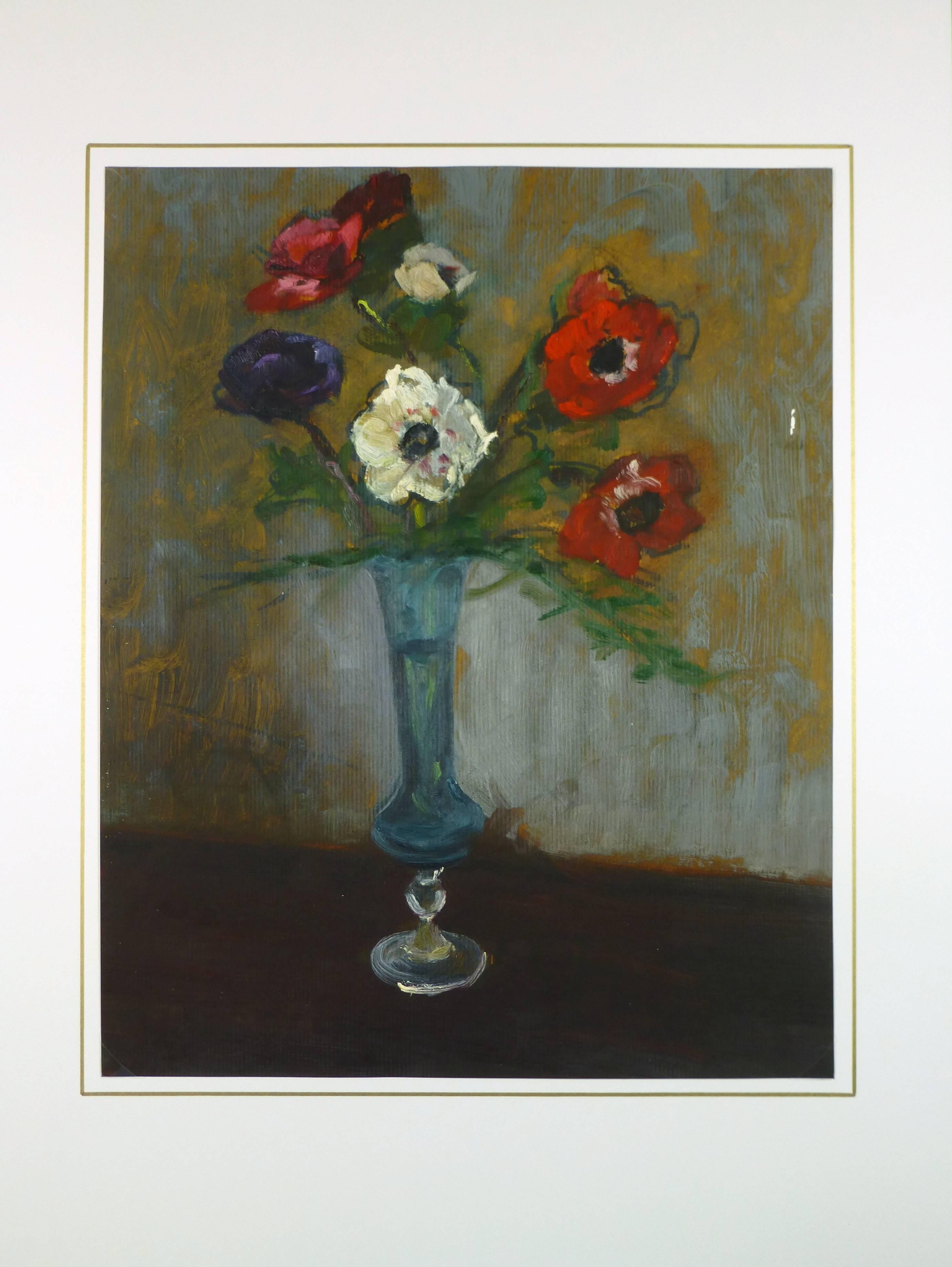 French Oil Painting - Still Life Roses in Blue Vase 1