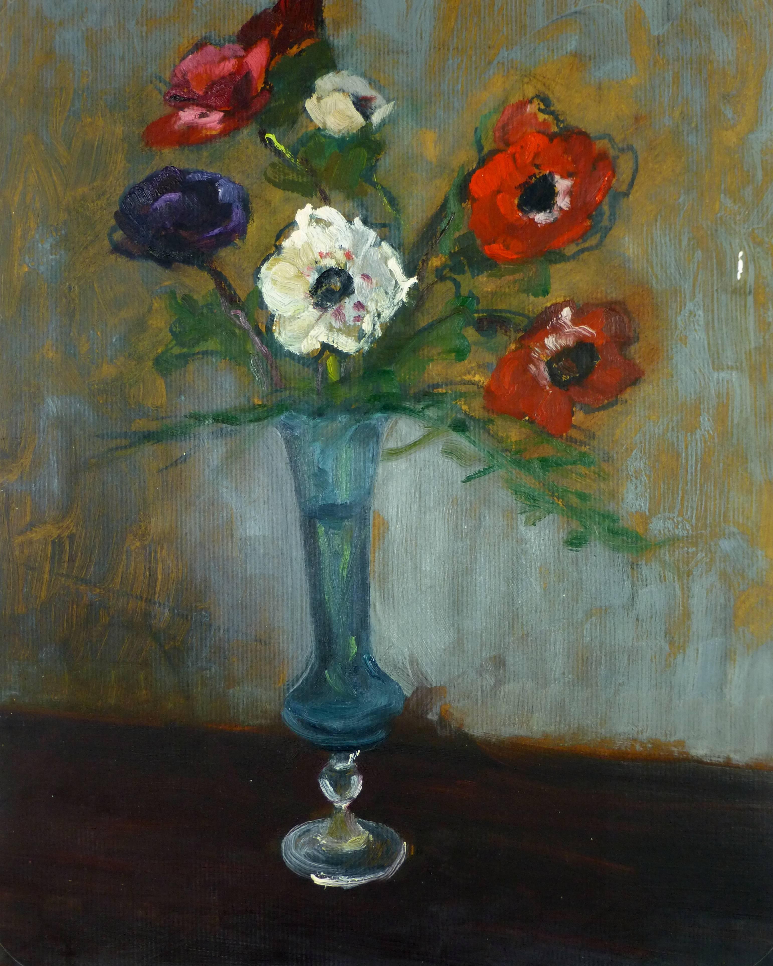 Raymond Bailly Still-Life Painting - French Oil Painting - Still Life Roses in Blue Vase