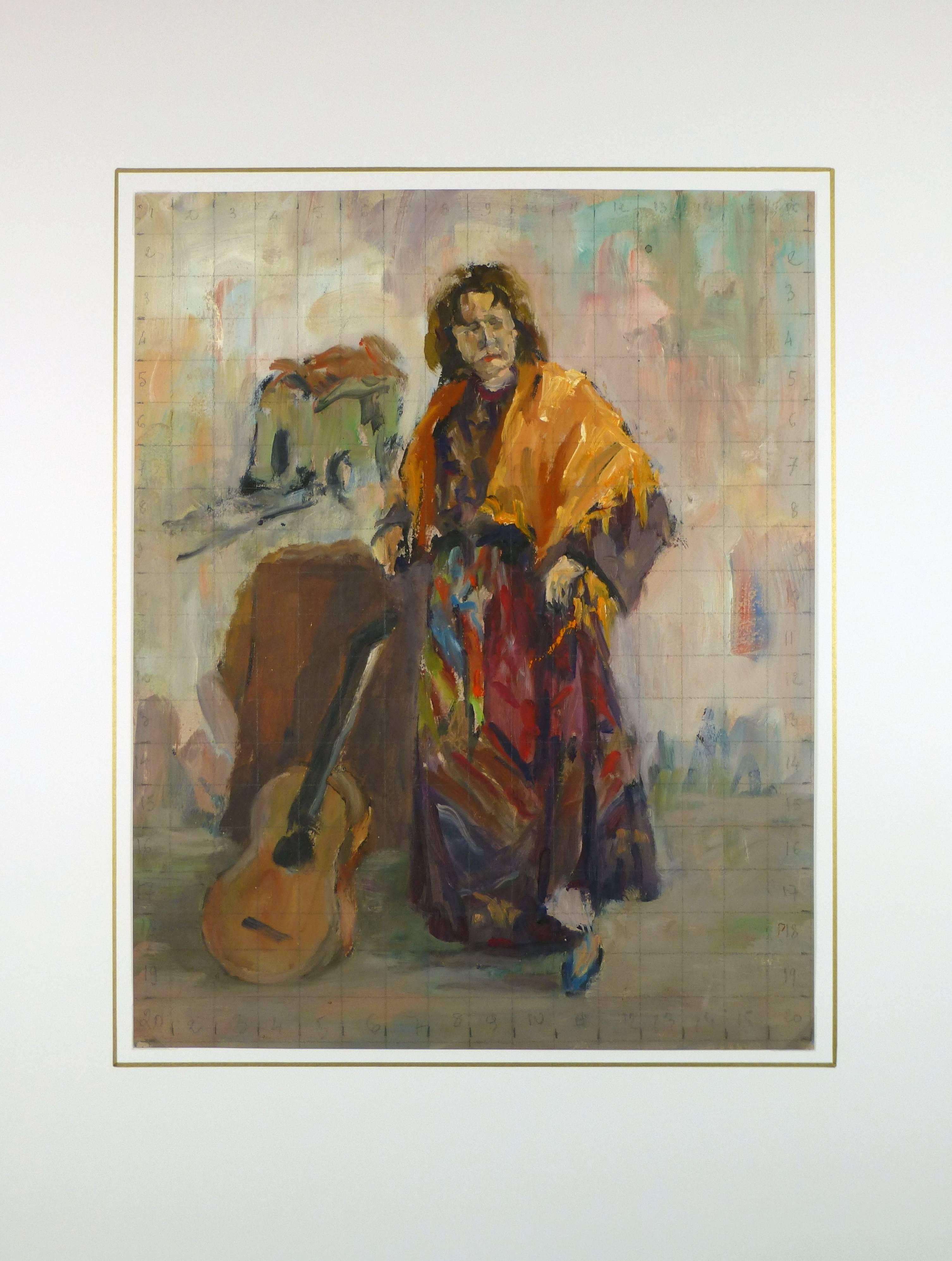 Woman with Guitar - Brown Portrait Painting by Raymond Bailly