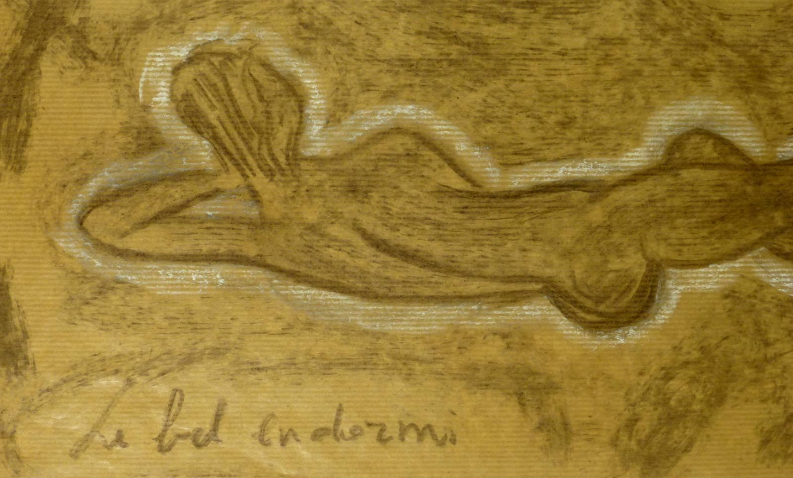 Warm charcoal drawing of pair of nudes laying on sides in rich earth tones, circa 1980. Signed lower left.  

Original artwork on paper displayed on a white mat with a gold border. Archival plastic sleeve and Certificate of Authenticity included.
