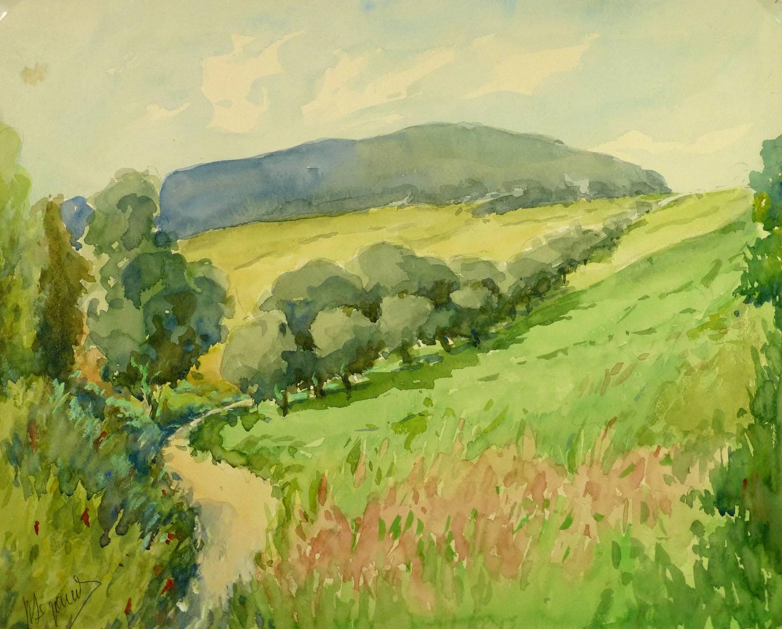 Raymond Segond Landscape Art - Serene Valley Watercolor