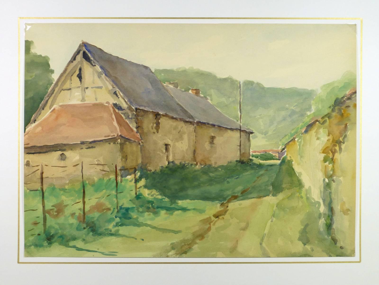 Lovely mid-century French watercolor barn by artist Raymond Segond, circa 1960.   

Original artwork on paper displayed on a white mat with a gold border. Archival plastic sleeve and Certificate of Authenticity included. Artwork,  14.5