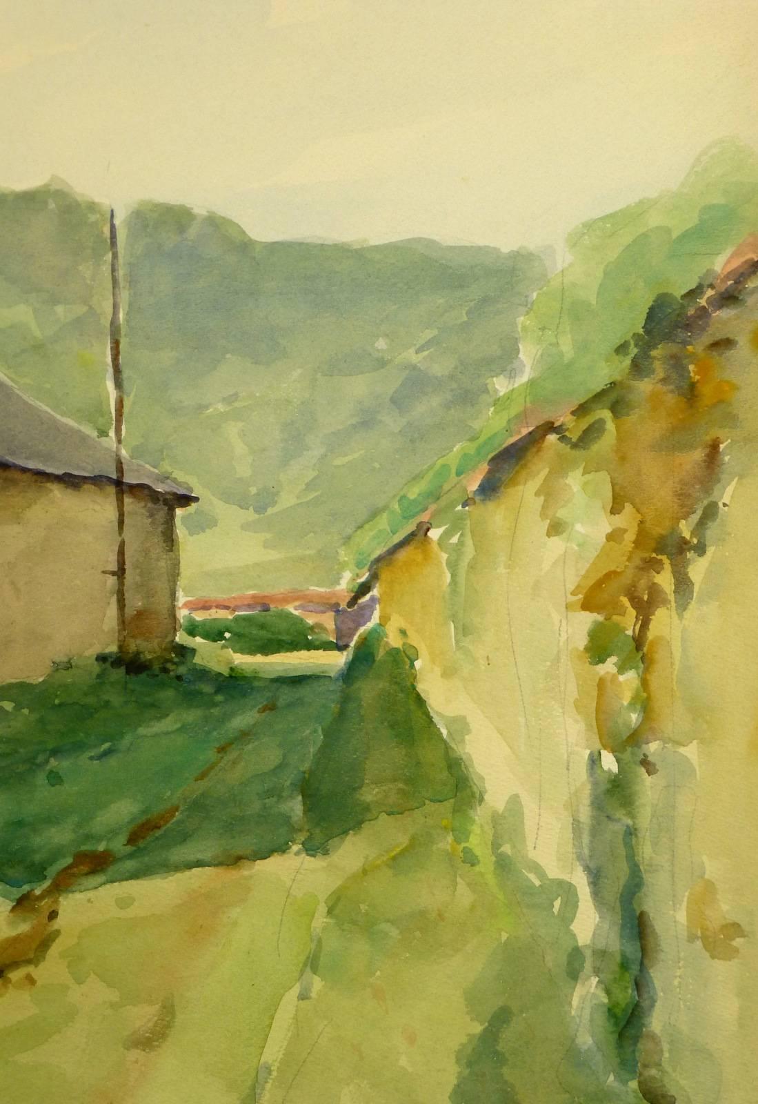 Watercolor Barn - Brown Landscape Art by Raymond Segond