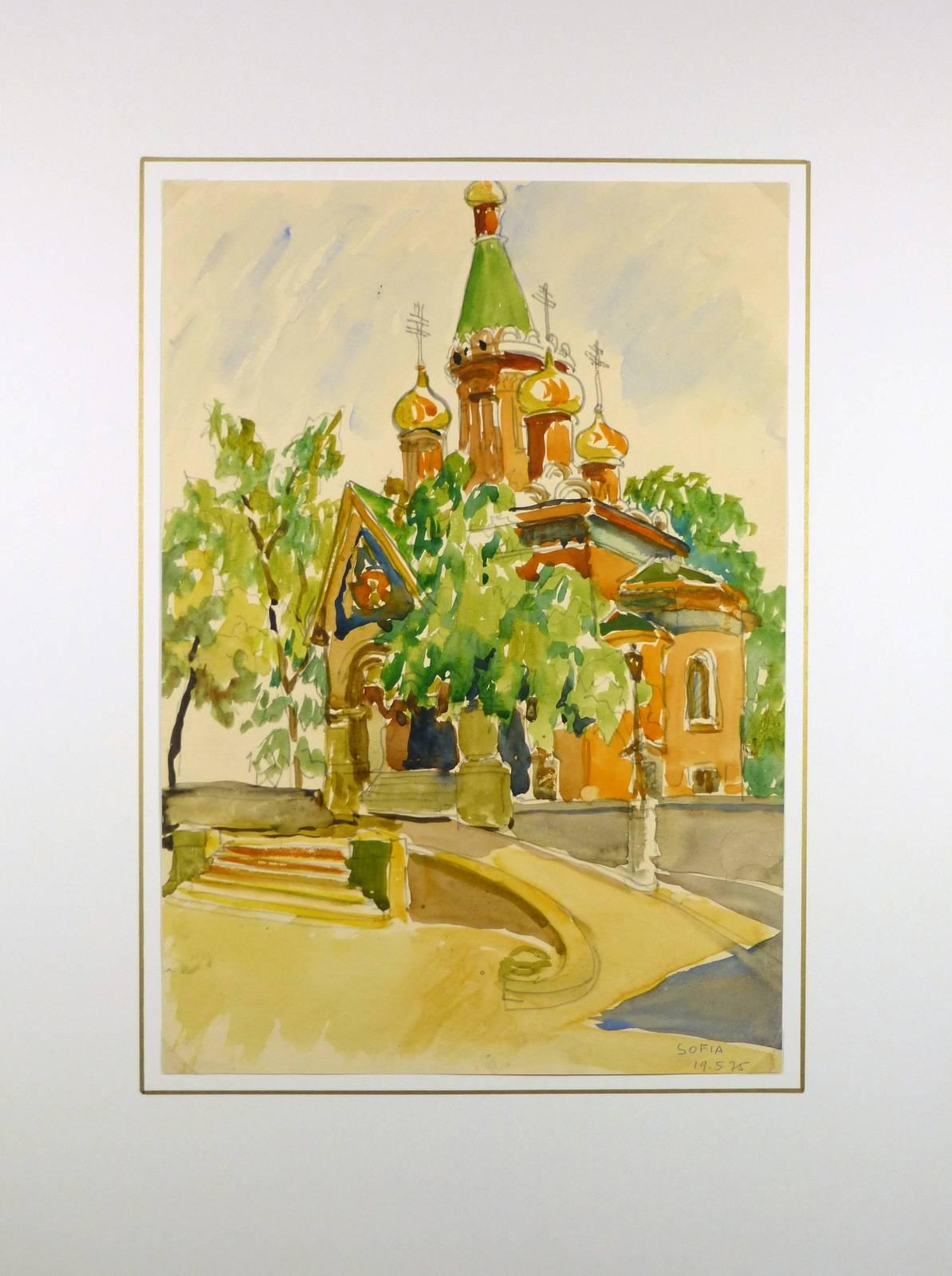 Aquarelle magnifiquement détaillée d'une église à Sofia, Bulgarie, 1975.  Titré et daté en bas à gauche.  

Œuvre d'art originale sur papier présentée sur un tapis blanc avec une bordure dorée. Pochette plastique d'archivage et certificat