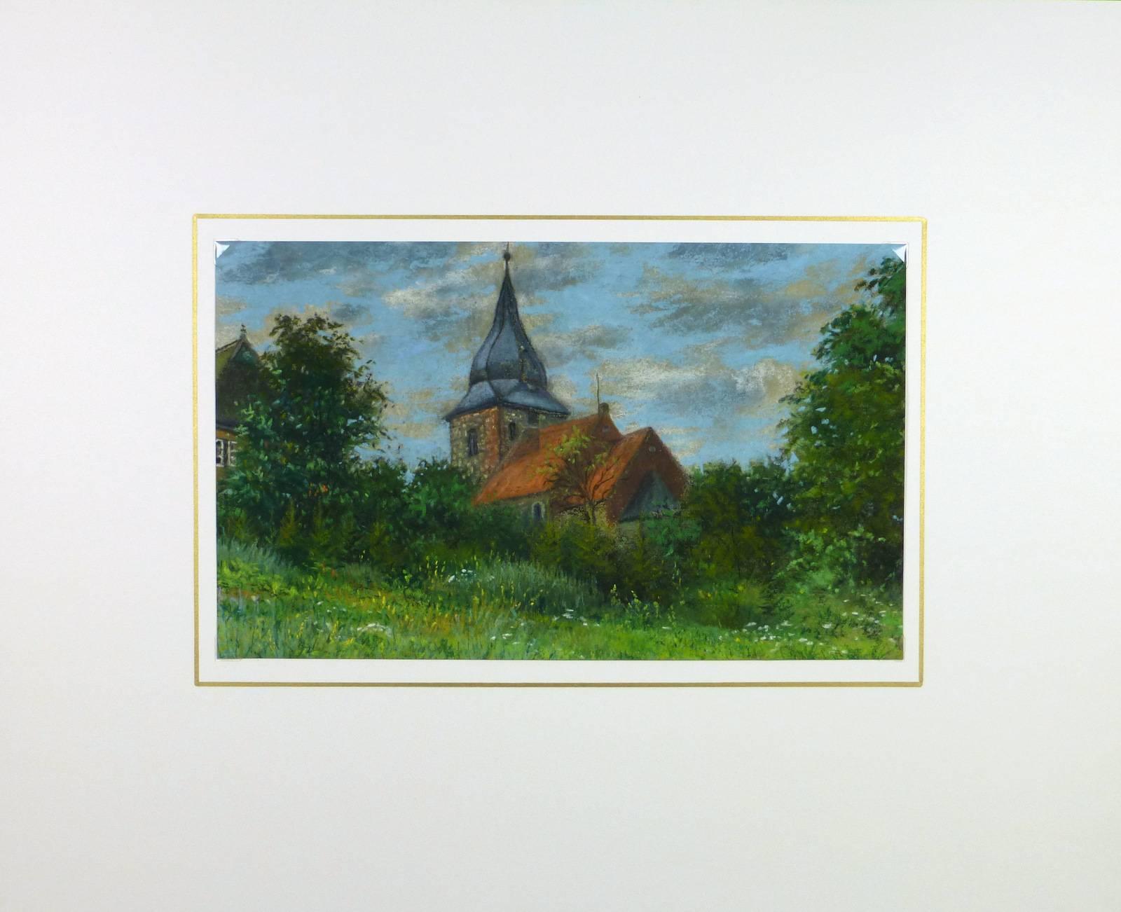 Steepled Building  - Green Landscape Painting by Trant Dalmne