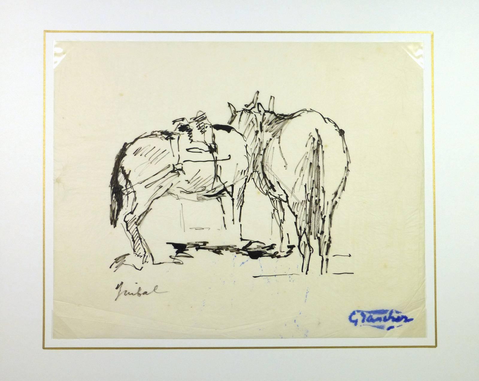 Pair of Horses - Beige Animal Art by Jean-Baptiste Grancher