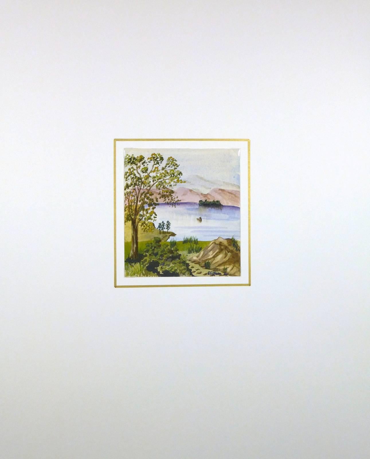 Peaceful watercolor of lake countryside by English artist EG Bain, 1984. Signed lower right.  

Original artwork on paper displayed on a white mat with a gold border. Archival plastic sleeve and Certificate of Authenticity included. Artwork, 5.25”H