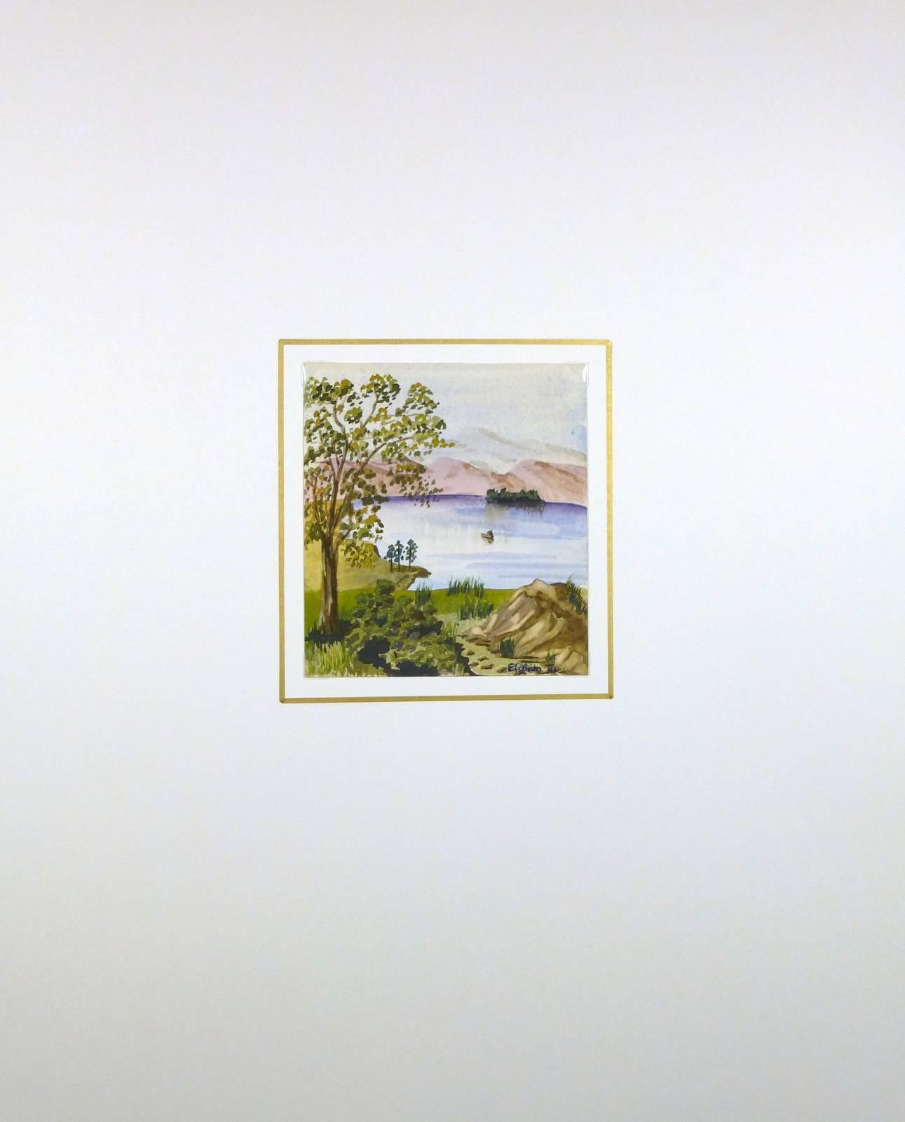 Tranquillo acquerello di campagna lacustre dell'artista inglese EG Bain, 1984. Firmato in basso a destra.  

Opera d'arte originale su carta esposta su un tappetino bianco con bordo dorato. Custodia in plastica per archivi e certificato di