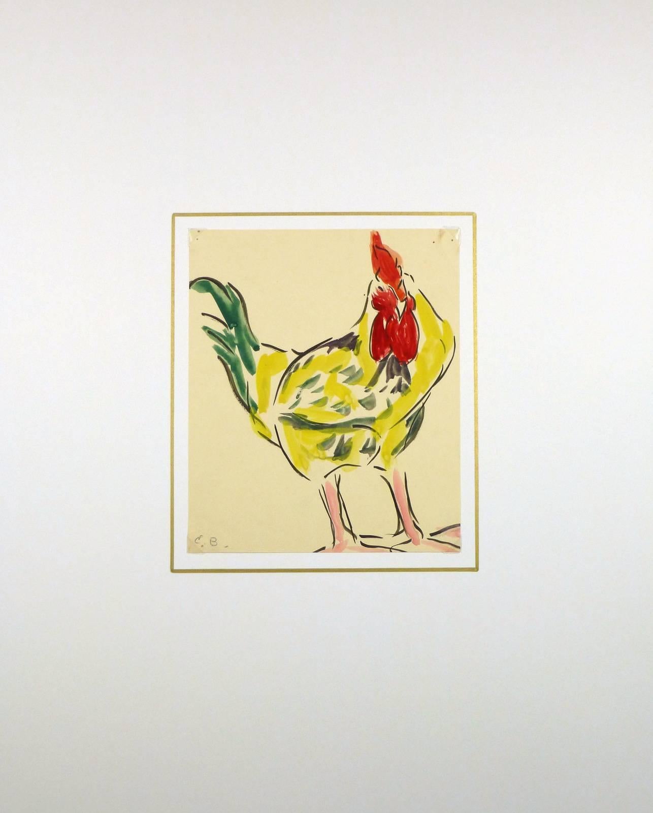 Vivid rooster gouache painting on paper by French artist, initials C.B., circa 1930.  Signed lower left.  

Original artwork on paper displayed on a white mat with a gold border. Archival plastic sleeve and Certificate of Authenticity included.