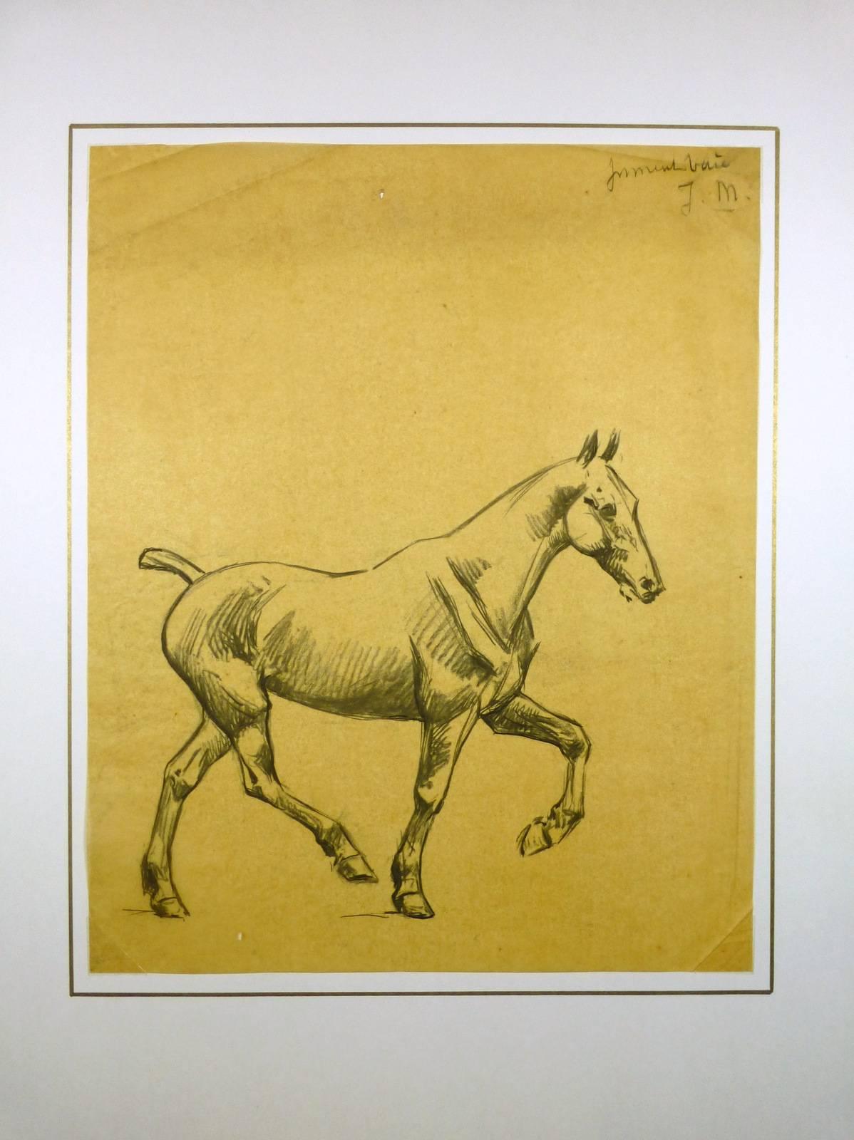 Turn of the century drawing of a horse in pencil by French artist J. Marchand, circa 1900. Signed upper right.  

Original artwork on paper displayed on a white mat with a gold border. Mat fits a standard-sized frame. Archival plastic sleeve and