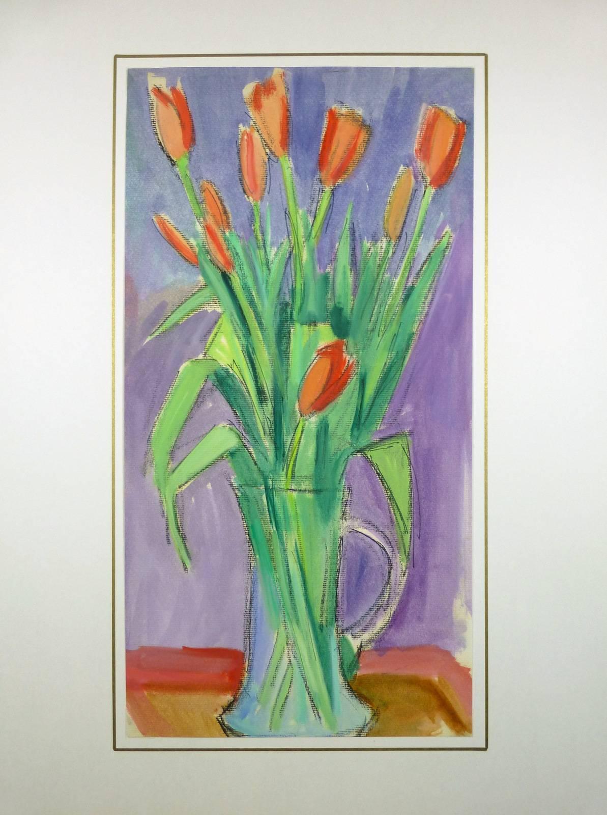 Französisches Aquarell aus der Mitte des Jahrhunderts mit roten Tulpen in einer Vase vor blau-violettem Hintergrund von Madeleine Scali, um 1960.   

Originalkunstwerk auf Papier auf einem weißen Passepartout mit Goldrand. Inklusive Plastikhülle und