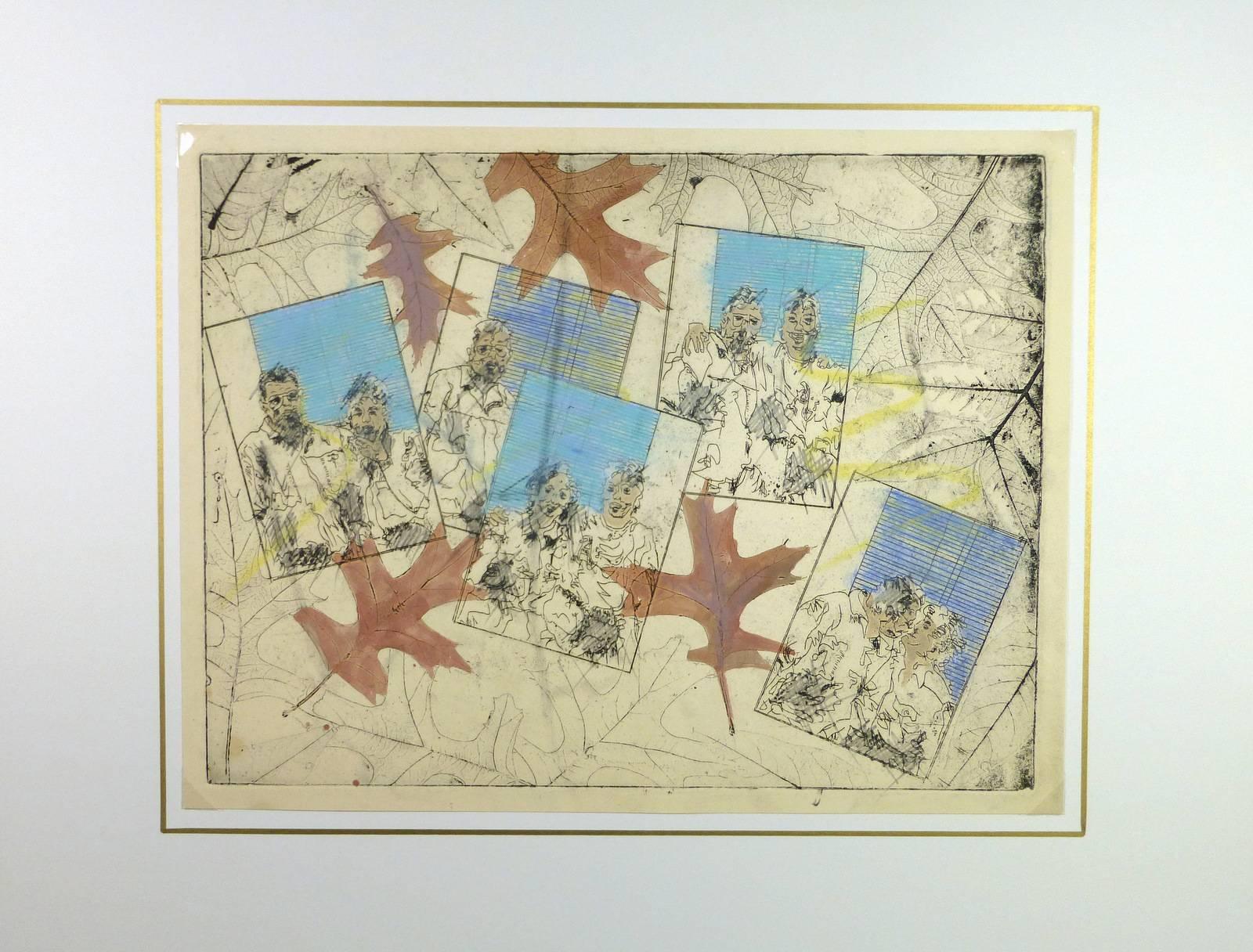 Beautiful monotype of various couples sketches with background of leaves by American artist Kismine Varner, 1990.   

Original artwork on paper displayed on a white mat with a gold border. Mat fits a standard-size frame.  Archival plastic sleeve and