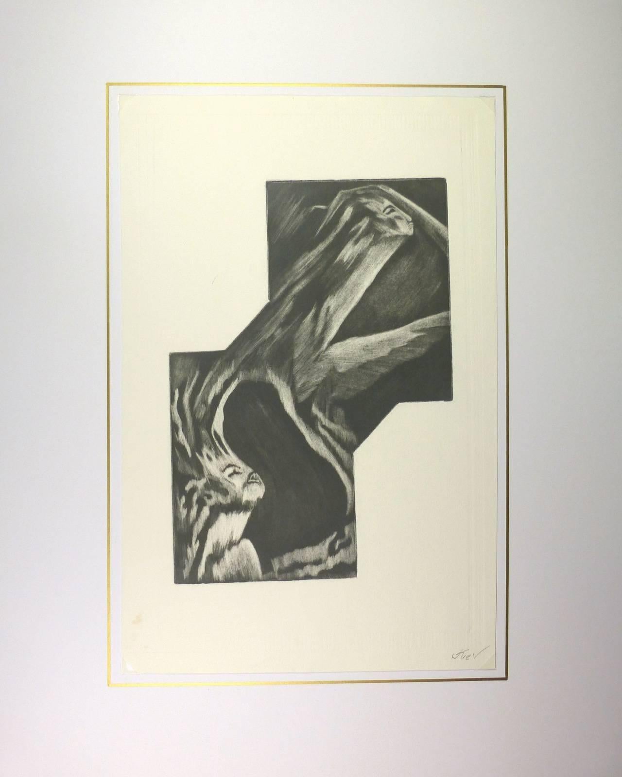 Black and white abstract monotype by American artist Kismine Varner, circa 1990. Signed lower right.

Original artwork on paper displayed on a white mat with a gold border. Archival plastic sleeve and Certificate of Authenticity included. Artwork,