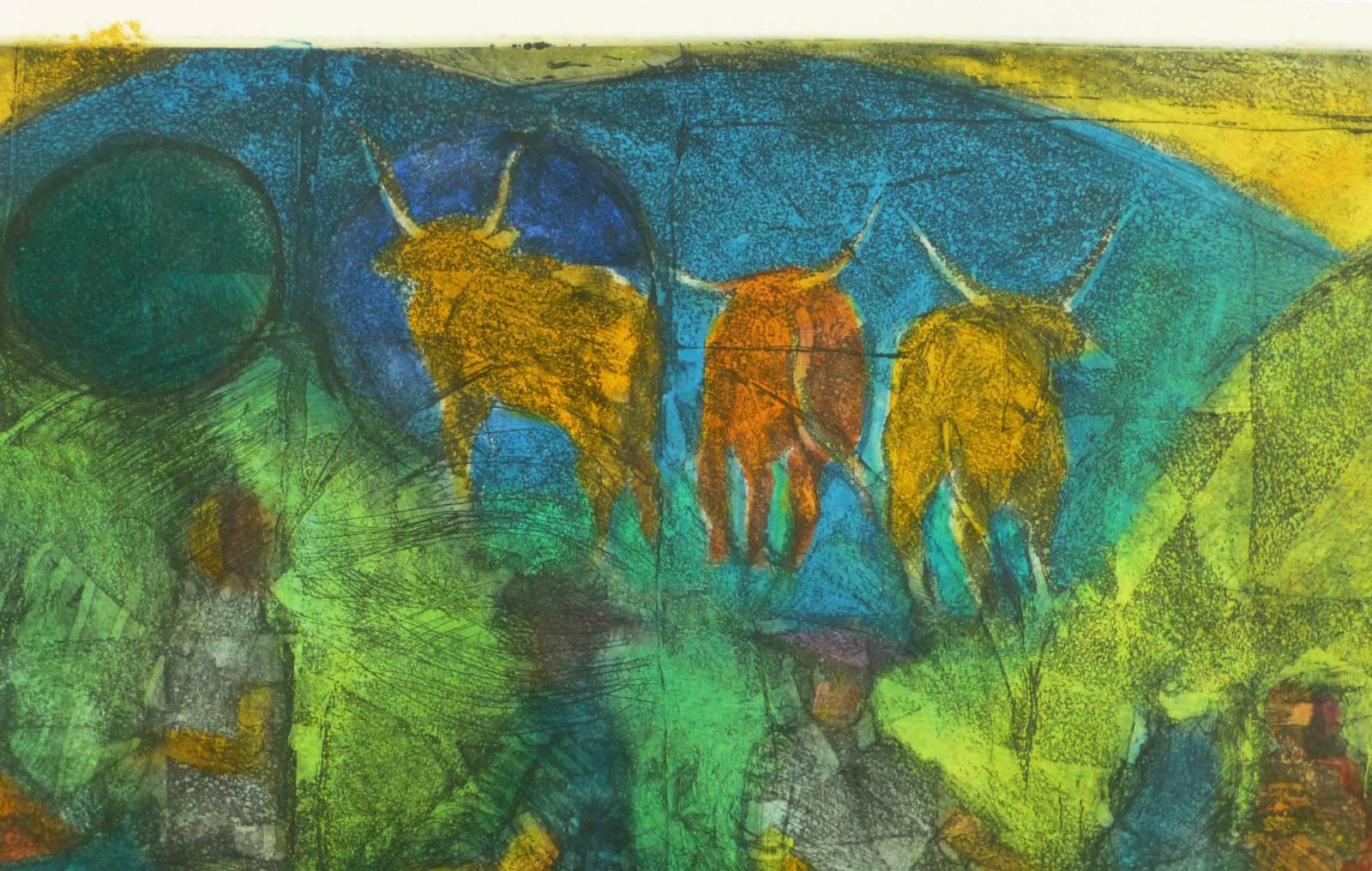 Lovely etching of cattle and ranchers on mountain pass trail, 1991.  Signed lower left.  20/50

Original artwork on paper displayed on a white mat with a gold border. Archival plastic sleeve and Certificate of Authenticity included. Artwork, 14.5”H