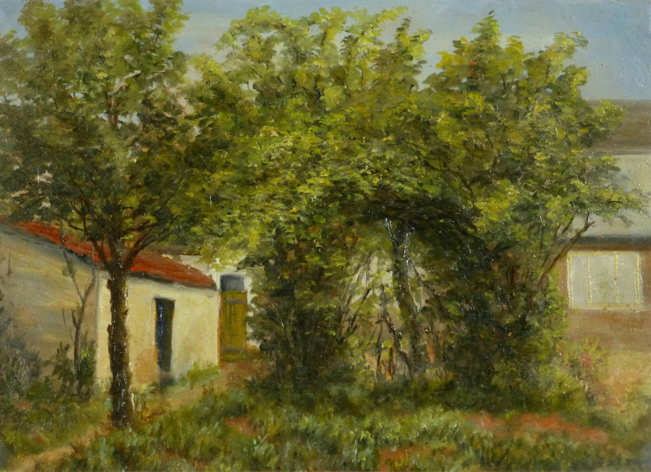 Lovely French oil painting of a small shed peeking out from the trees and a luxuriant arch of leaves by artist Jean-Gil Sauldubois, circa 1940. 

Original one-of-a-kind vintage work of art on paper displayed on a white mat with a gold border. Mat