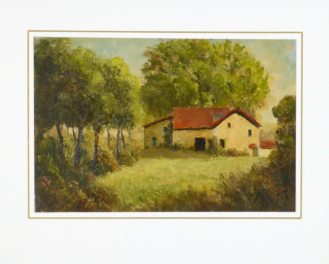 Excellent French oil painting of a country home in a clearing surrounded by lush, green vegetation by French artist Jean-Gil Sauldubois, circa 1940.

Original one-of-a-kind vintage work of art on paper displayed on a white mat with a gold border.