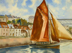 Vintage French Boat Landscape Painting