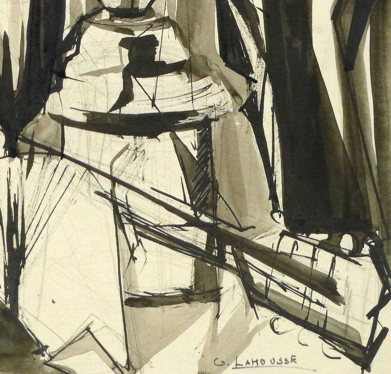 Mid-Century abstract painting in pencil and ink, features a large candlestick over a table with a champagne glass and a cello leaning nearby by French artist G. Lahousse, circa 1950. Signed lower right.

Original one-of-a-kind vintage work of art