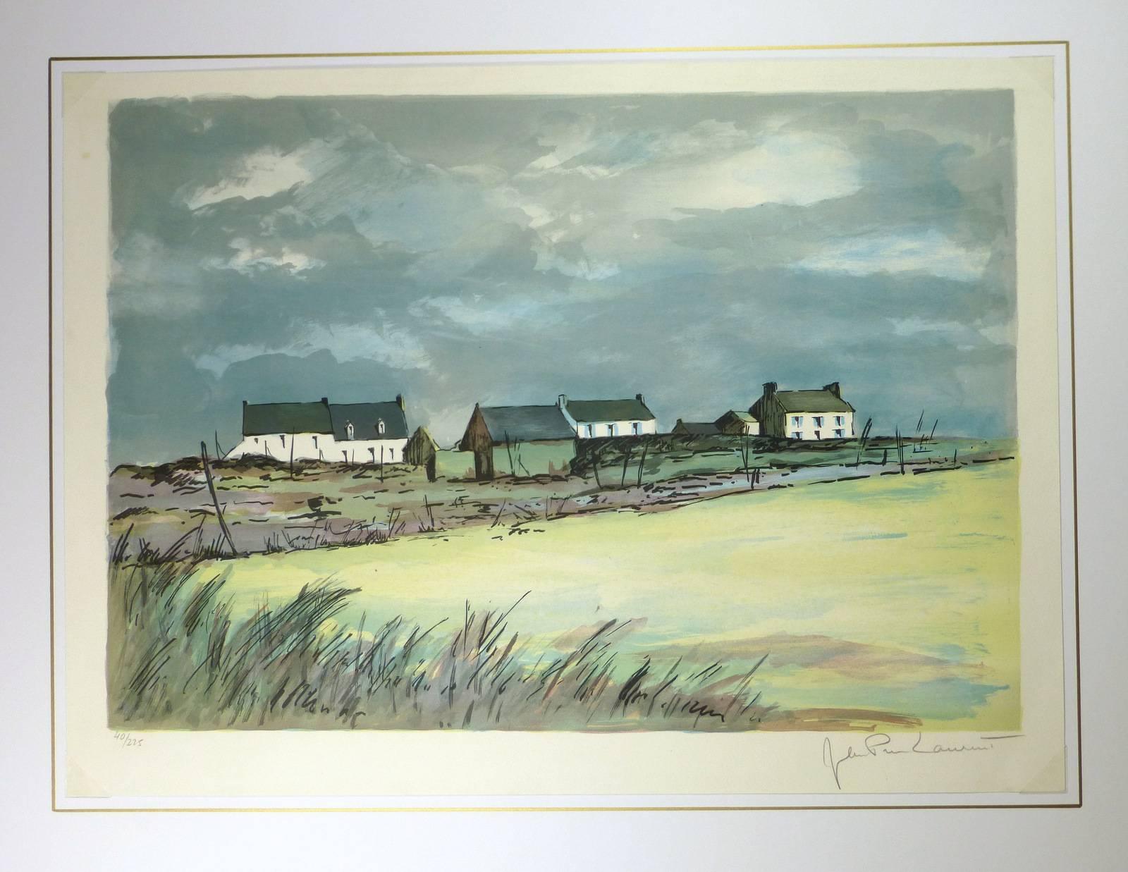 Beautifully detailed stone lithograph of scenic farm scene by French artist J. P. Laurent, circa 1990. Signed lower right.  40/225

Original artwork on paper displayed on a white mat with a gold border. Mat fits a standard-size frame.  Archival