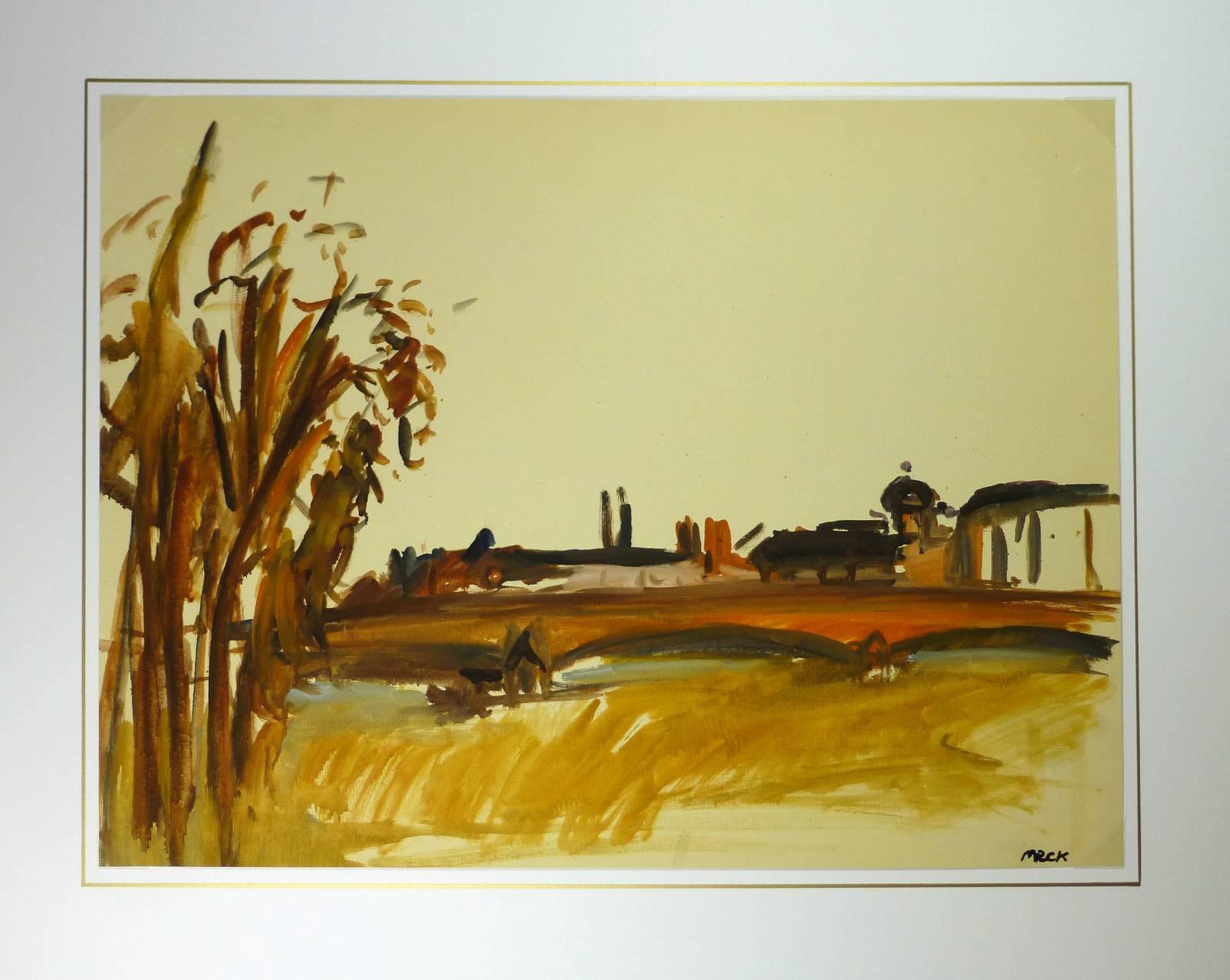 Pleasing French landscape in warm autumn colors of a cityscape beyond a bridge spanning the river, circa 1950.  Signed lower right.  

Original artwork on paper displayed on a white mat with a gold border. Mat fits a standard-size frame.  Archival