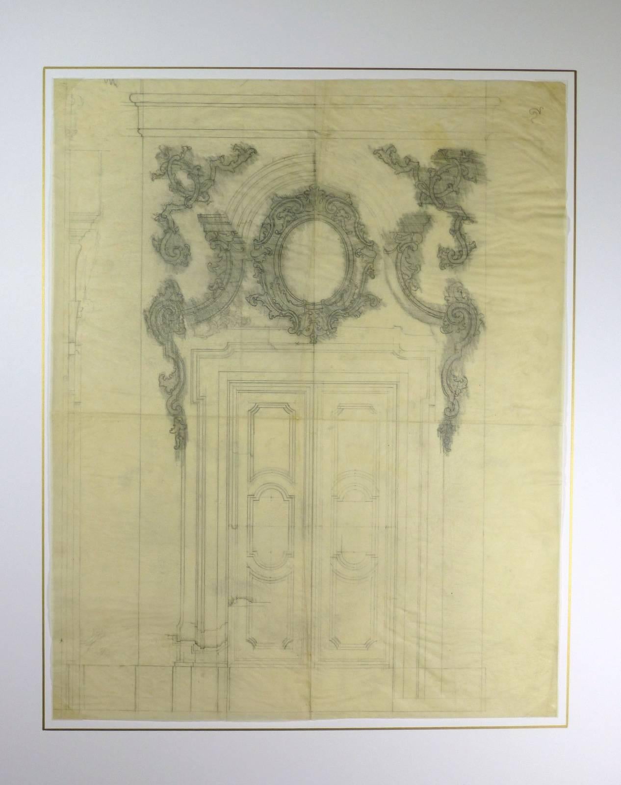 Beautifully detailed early 20th century French pencil drawing on calque of detailed architectural doorway, circa 1910. Folds in paper, very delicate. 

Original artwork on paper displayed on a white mat with a gold border. Mat fits a standard-size