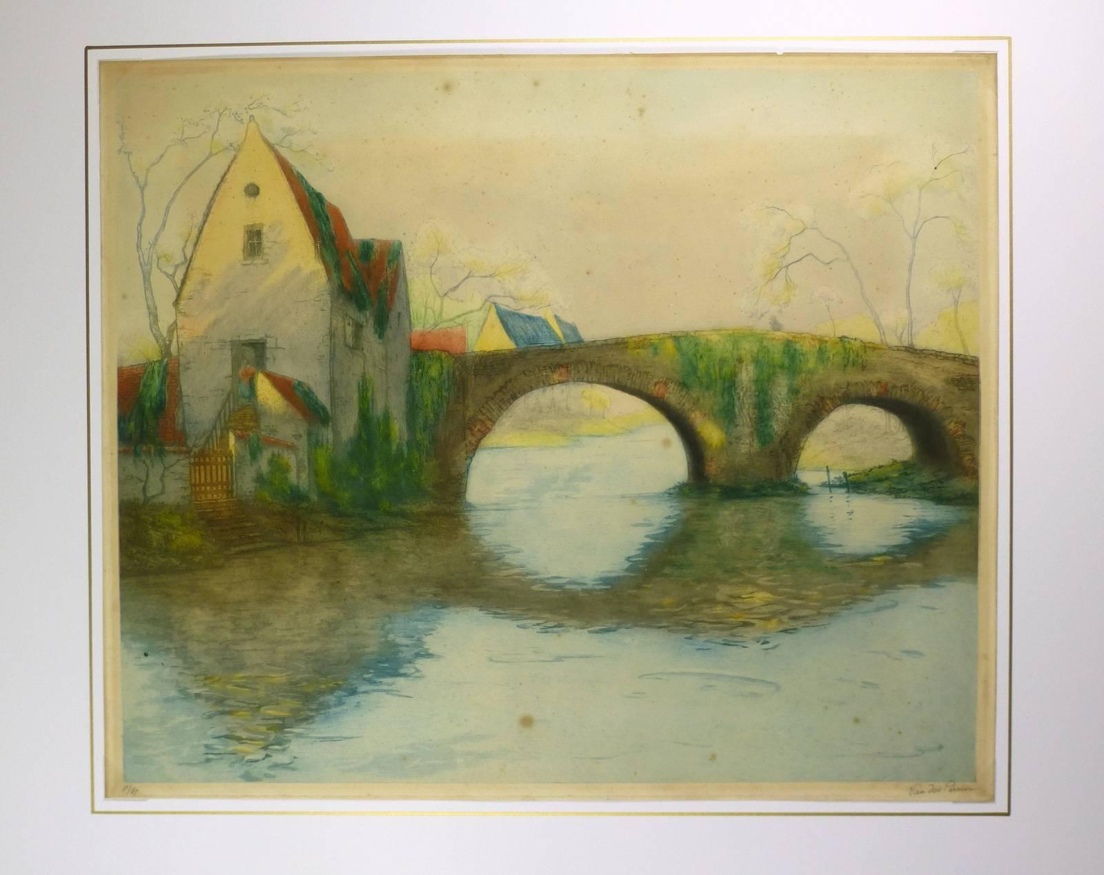 Stone Bridge over River - Brown Landscape Painting by Unknown