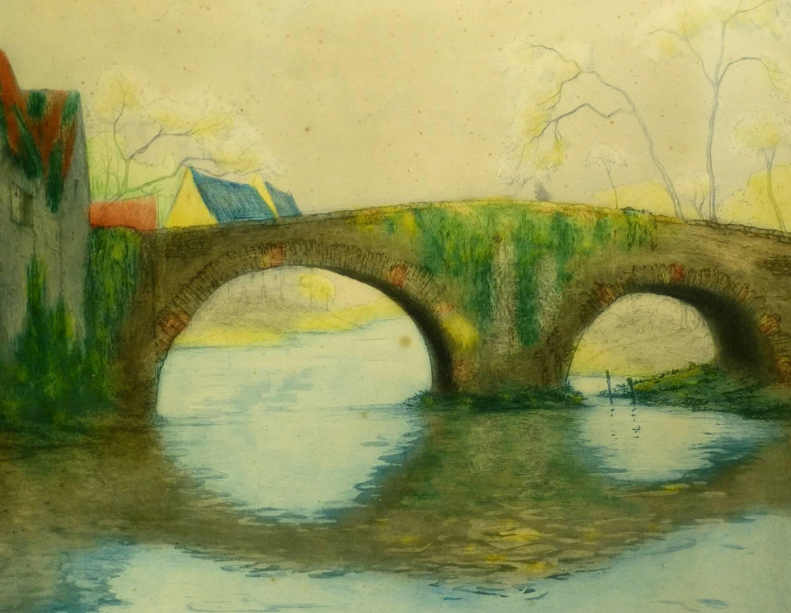 Unknown Landscape Painting - Stone Bridge over River