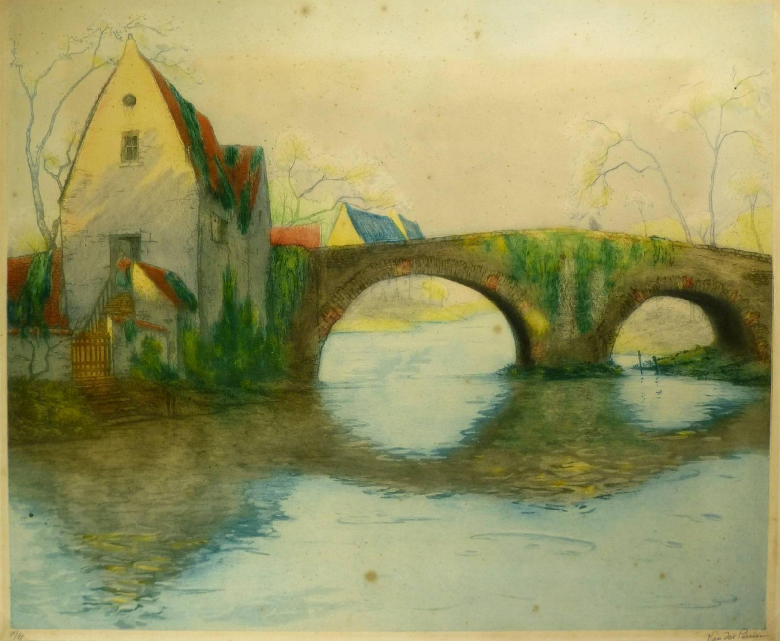 Colorful Dutch aquatint featuring old stone bridge over village river, circa 1930. Signed lower right.  Slight foxing on paper in skyline fade. 

Original artwork on paper displayed on a white mat with a gold border. Mat fits a standard-size frame. 