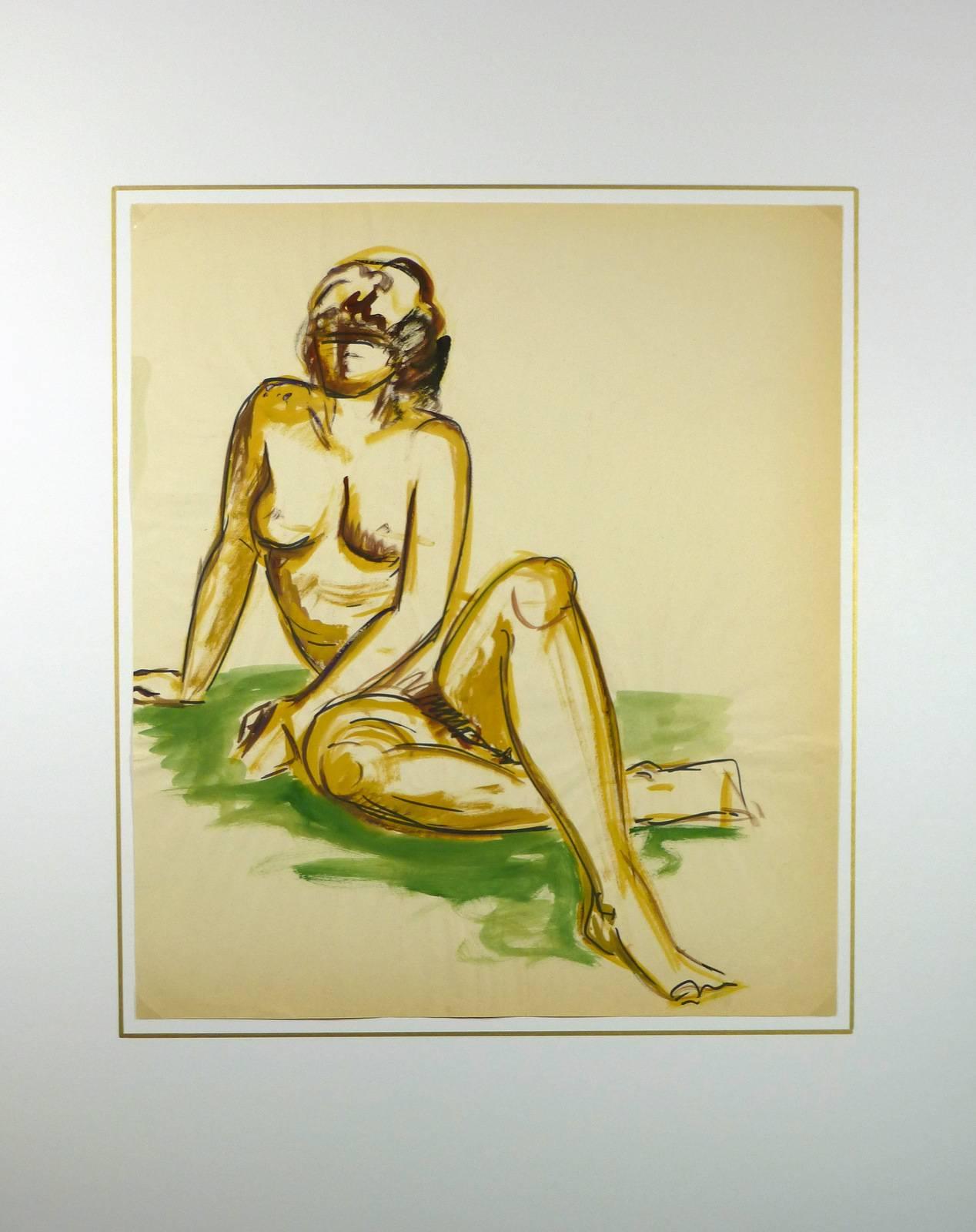Female Nude Sitting on Green - Painting by Esther Meyer