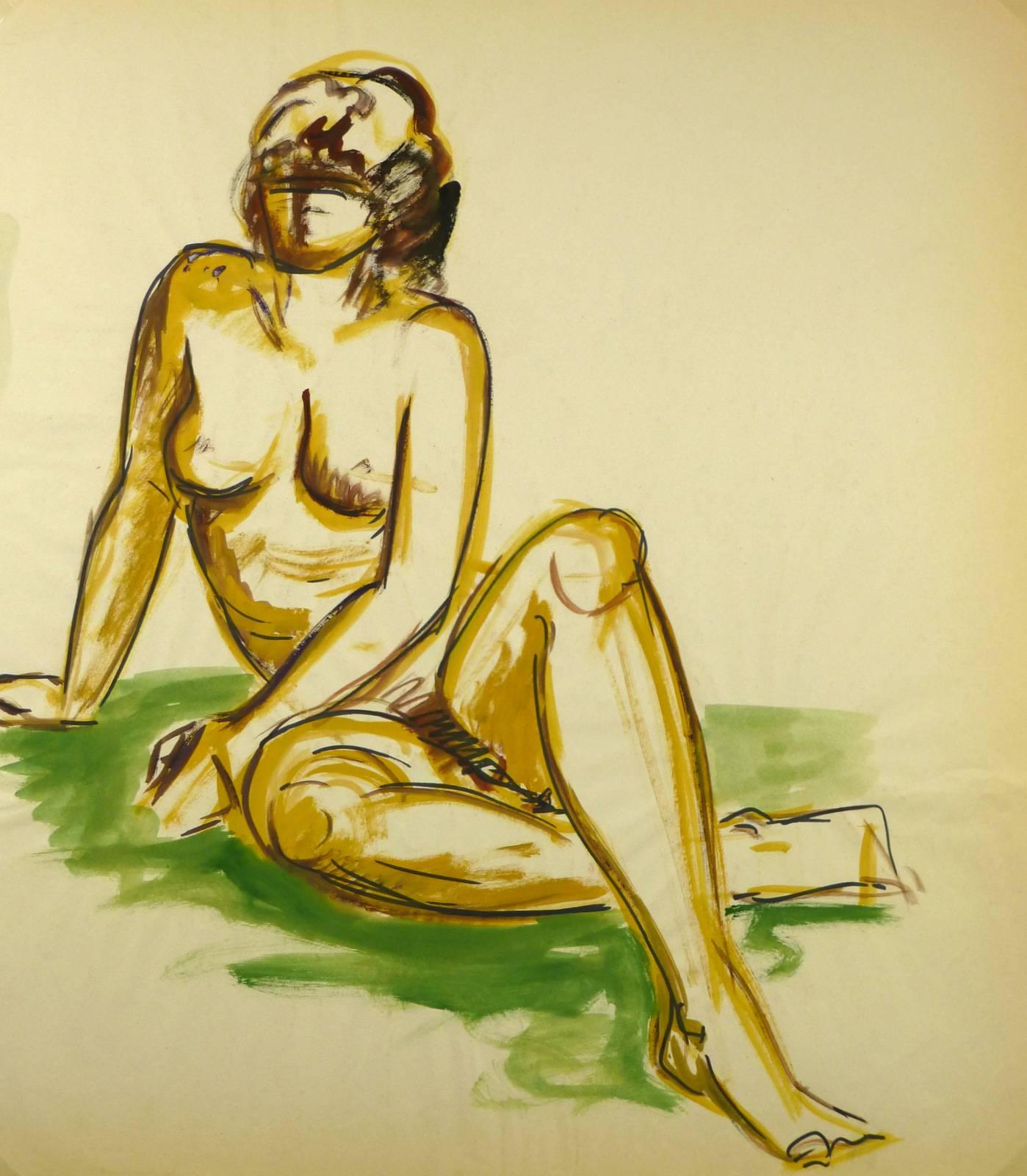 Esther Meyer Nude Painting - Female Nude Sitting on Green