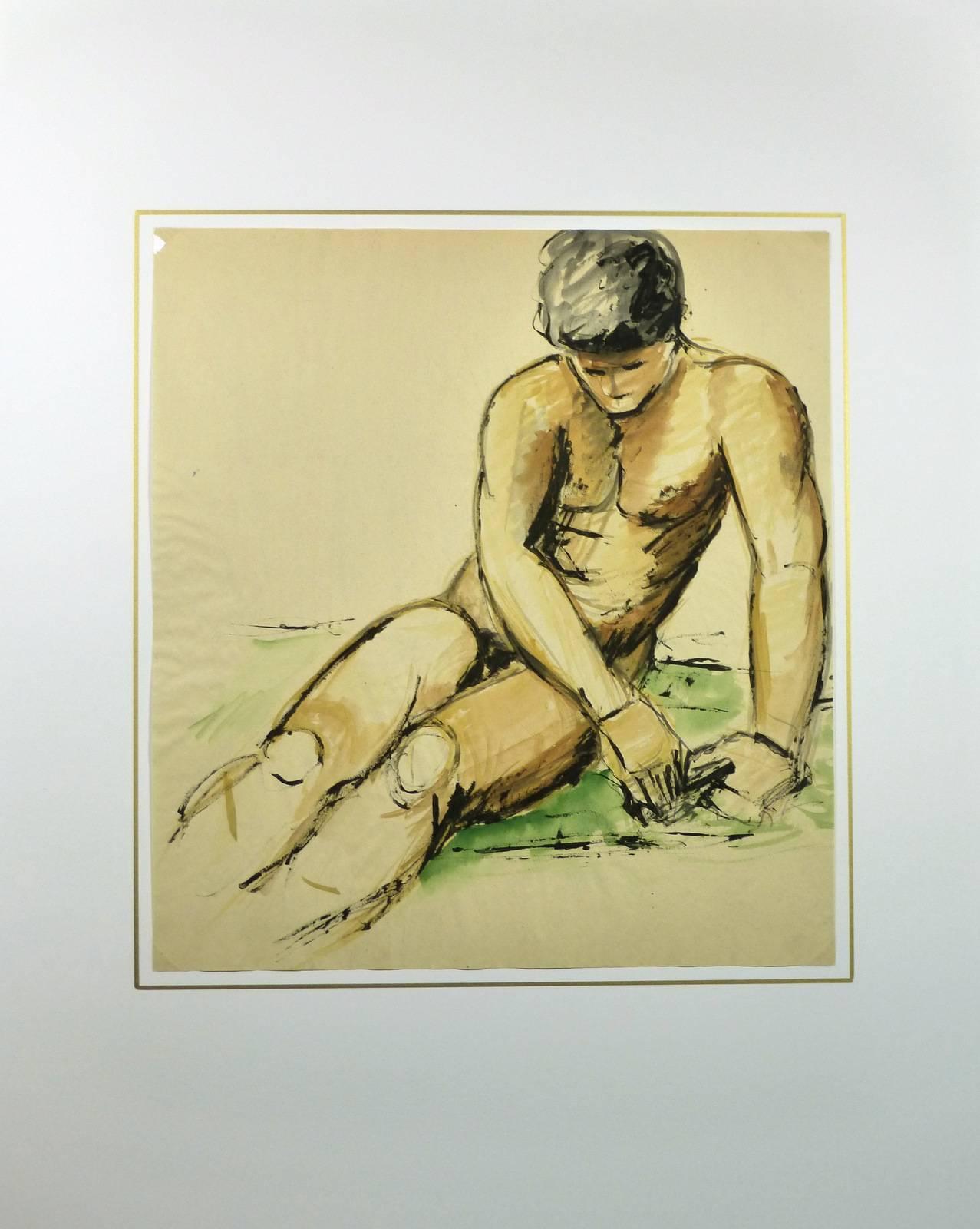 Seated Male Nude - Painting by Esther Meyer