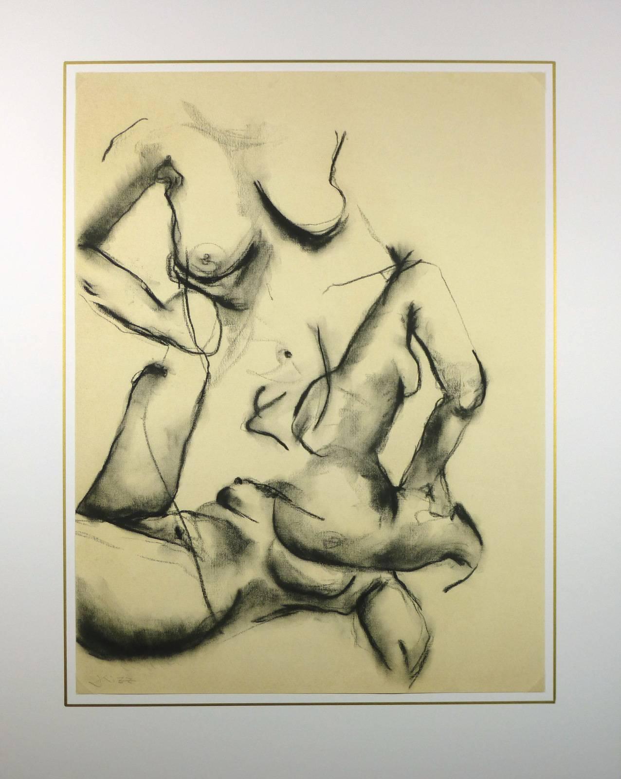 Impactful abstract charcoal drawing of female nudes by American artist Kismine Varner, circa 1990. Signed lower left.  

Original artwork on paper displayed on a white mat with a gold border. Mat fits a standard-size frame.  Archival plastic sleeve