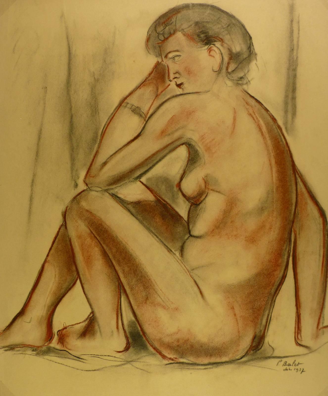 Nudefarbener weiblicher Akt in Holzkohle – Art von P. Balet
