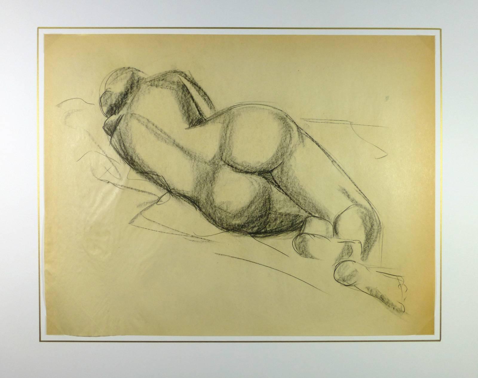 Classic nude charcoal sketch of back of figure laying on side by French artist A. Delamaire, circa 1930. 

Original artwork on paper displayed on a white mat with a gold border. Mat fits a standard-size frame.  Archival plastic sleeve and