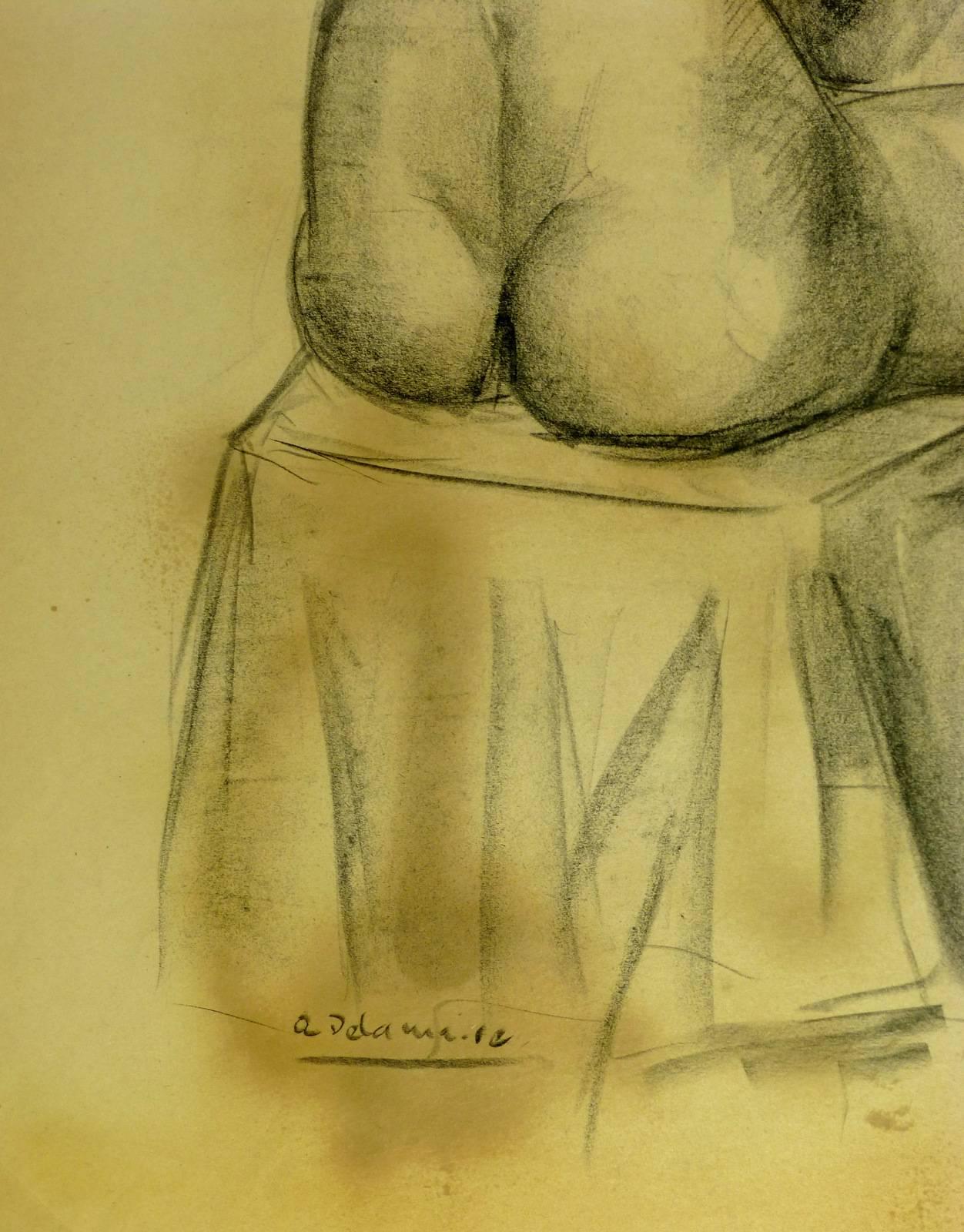 Delightful nude charcoal sketch of back of figure seated on a draped chair by French artist A. Delamaire, circa 1930. 

Original artwork on paper displayed on a white mat with a gold border. Mat fits a standard-size frame.  Archival plastic sleeve