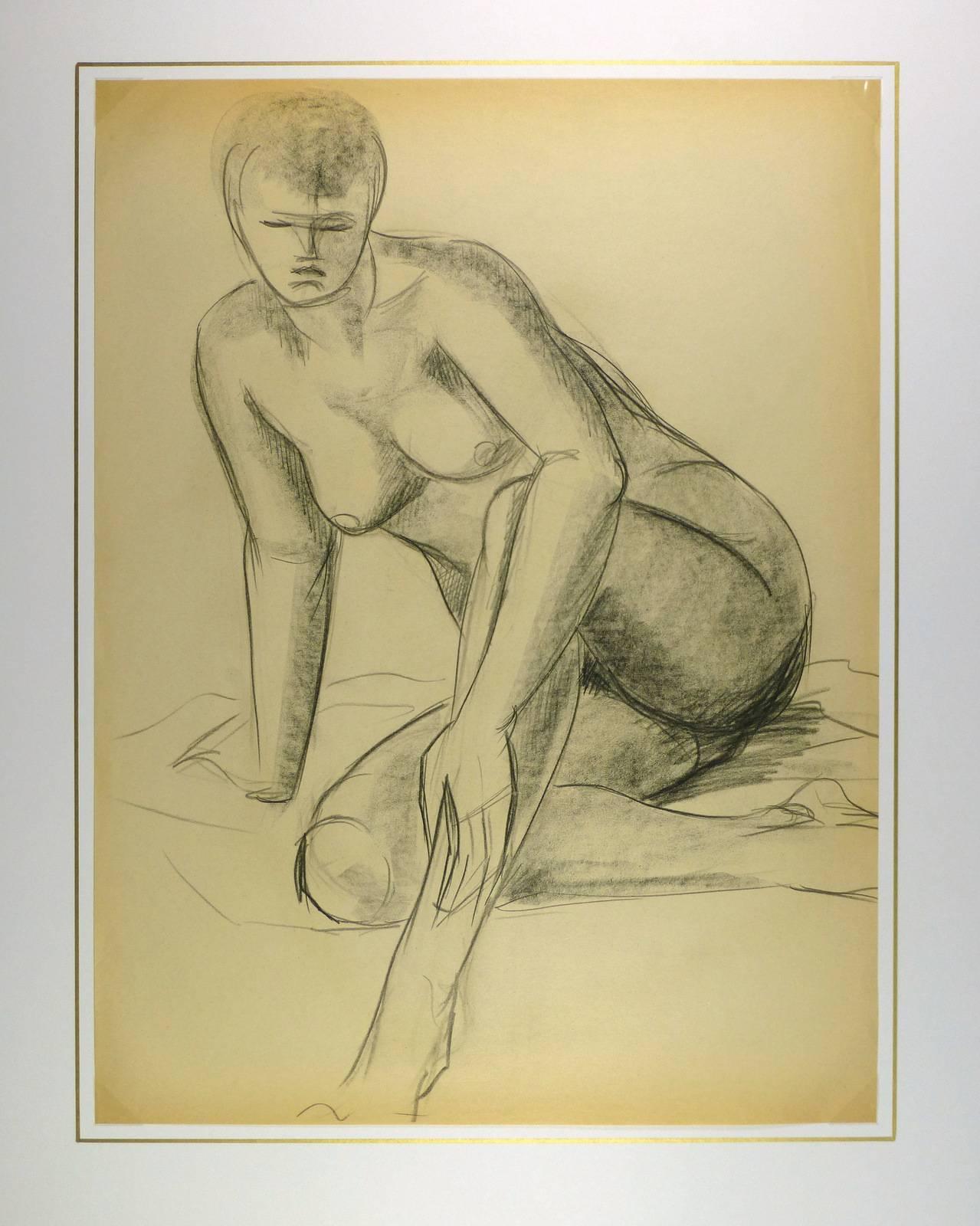Charcoal drawing of female nude in seated pose by French artist A. Delamaire, circa 1930. 

Original artwork on paper displayed on a white mat with a gold border. Mat fits a standard-size frame.  Archival plastic sleeve and Certificate of