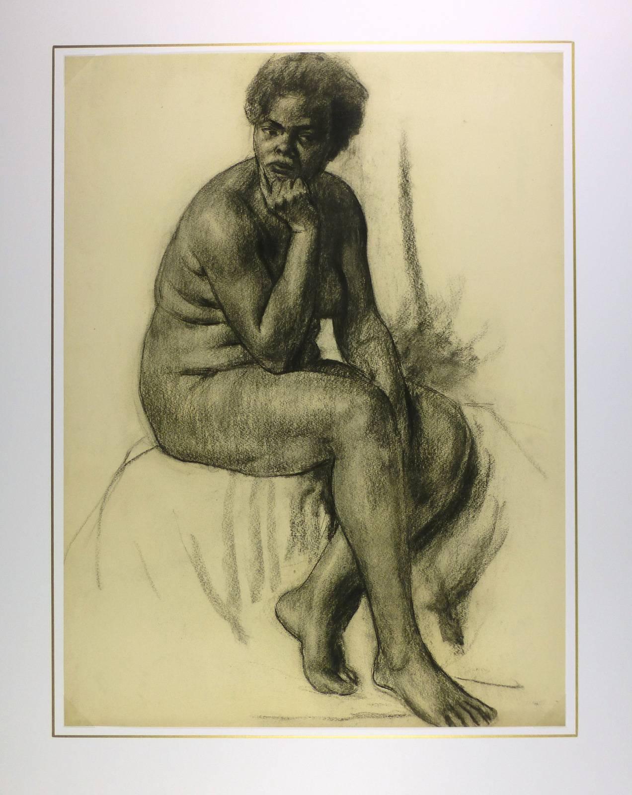 French female nude charcoal drawing by artist A. Delamaire, circa 1930. 

Original artwork on paper displayed on a white mat with a gold border. Mat fits a standard-size frame.  Archival plastic sleeve and Certificate of Authenticity included.