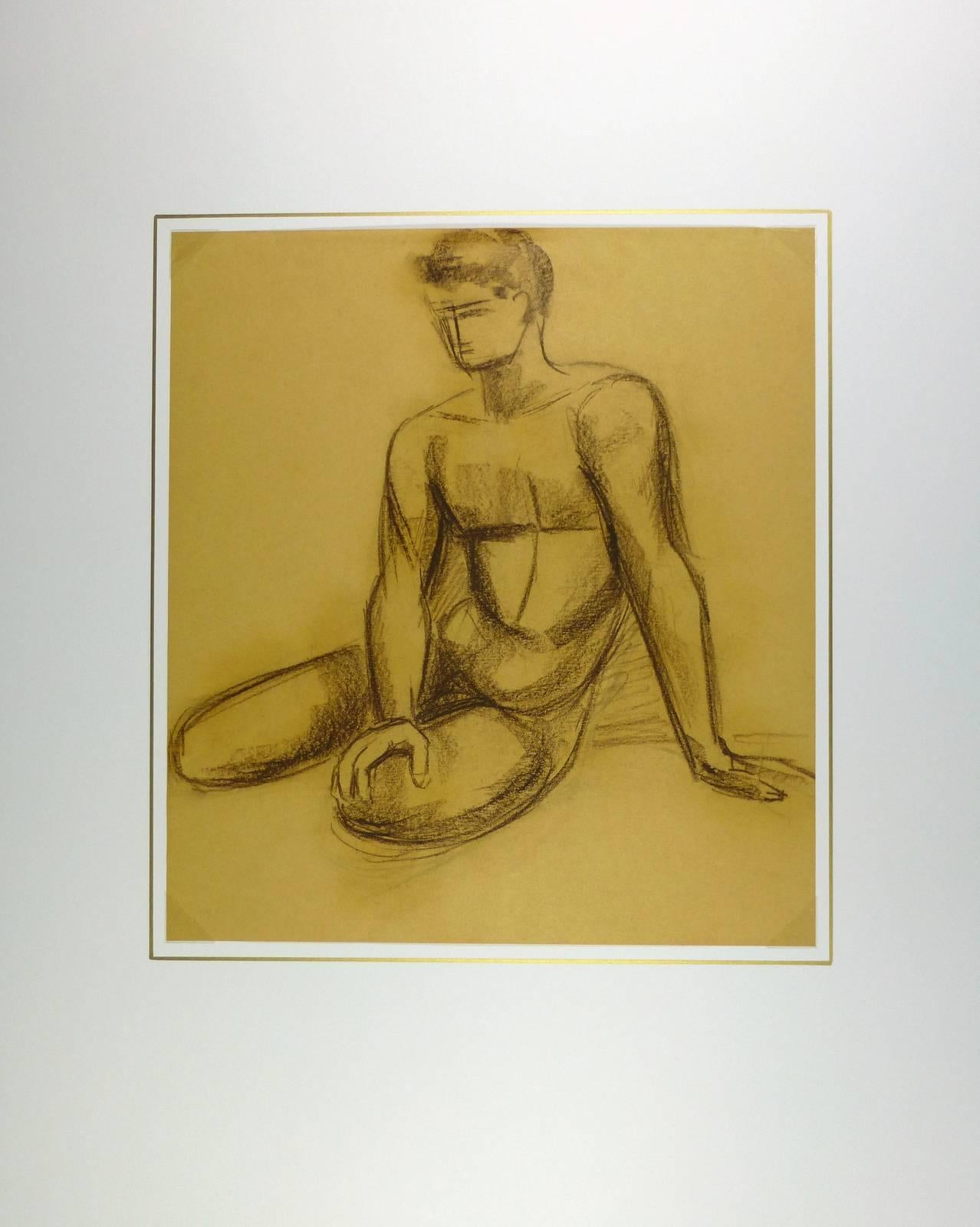 Male nude charcoal sketch by French artist A. Delamaire, circa 1930. 

Original artwork on paper displayed on a white mat with a gold border. Mat fits a standard-size frame.  Archival plastic sleeve and Certificate of Authenticity included. Artwork,