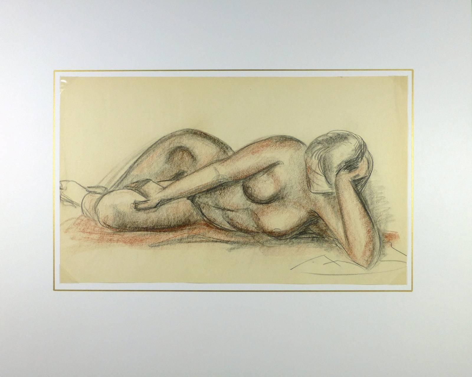 French nude female laying on side in charcoal by French artist A. Delamaire, circa 1930. 

Original artwork on paper displayed on a white mat with a gold border. Mat fits a standard-size frame.  Archival plastic sleeve and Certificate of
