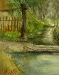 Antique Landscape Watercolor - Mill House Water Wheel